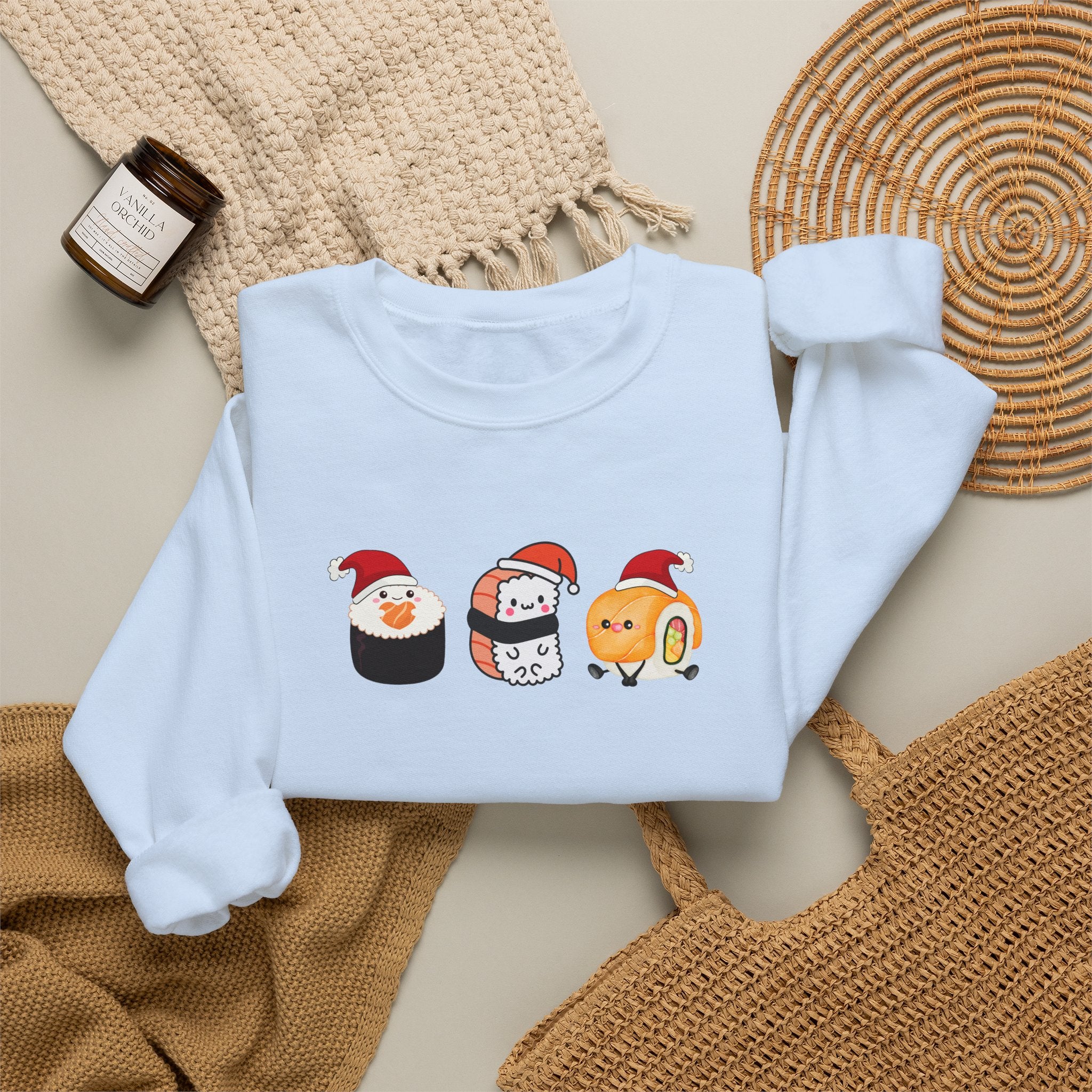 Holiday Sushi Crewneck Sweatshirt — Cute Santa Sushi Trio Christmas Sweatshirt