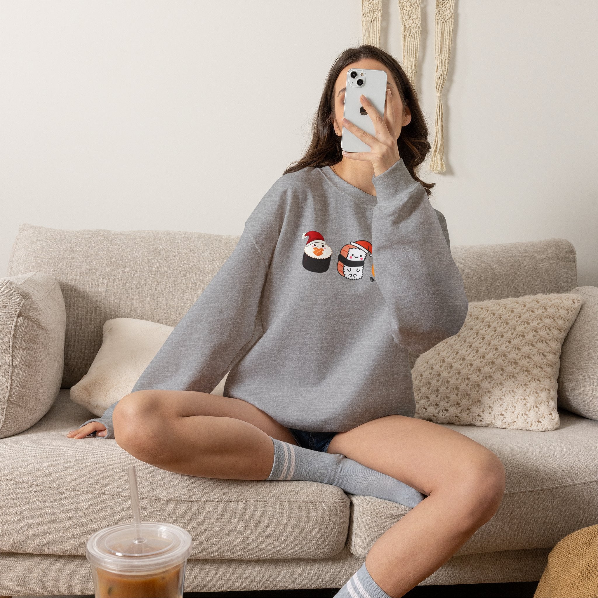 Holiday Sushi Crewneck Sweatshirt — Cute Santa Sushi Trio Christmas Sweatshirt