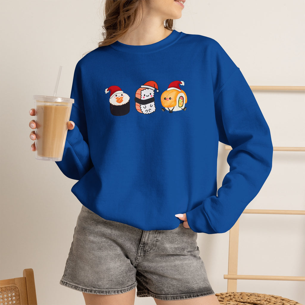 Holiday Sushi Crewneck Sweatshirt — Cute Santa Sushi Trio Christmas Sweatshirt