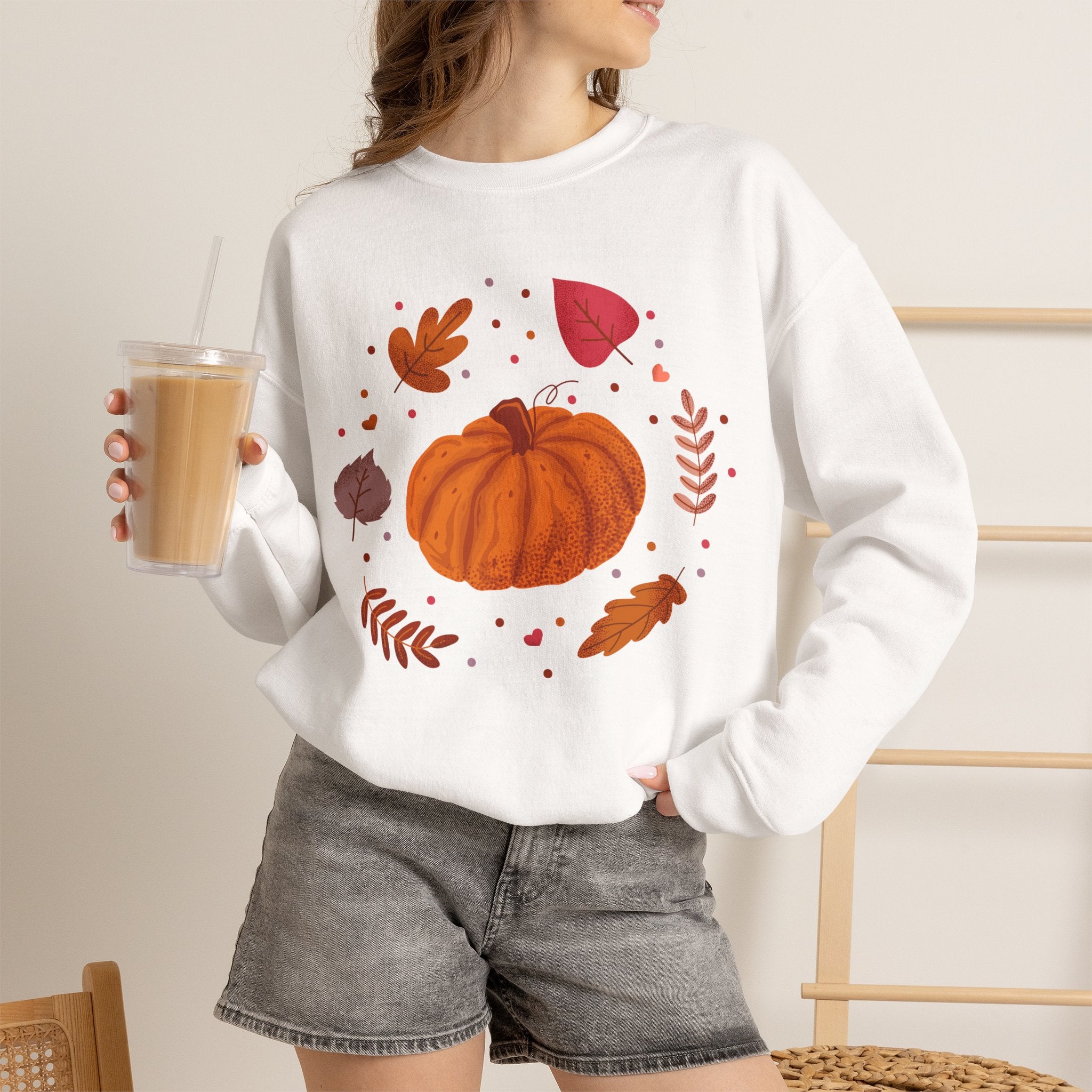 Autumn Pumpkin and Fall Leaves Graphic Sweatshirt - Cozy Seasonal Crewneck - Cute Halloween Shirt