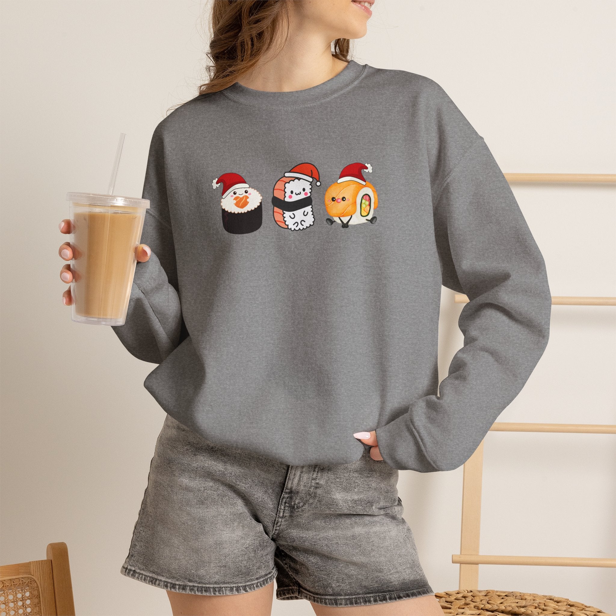 Holiday Sushi Crewneck Sweatshirt — Cute Santa Sushi Trio Christmas Sweatshirt