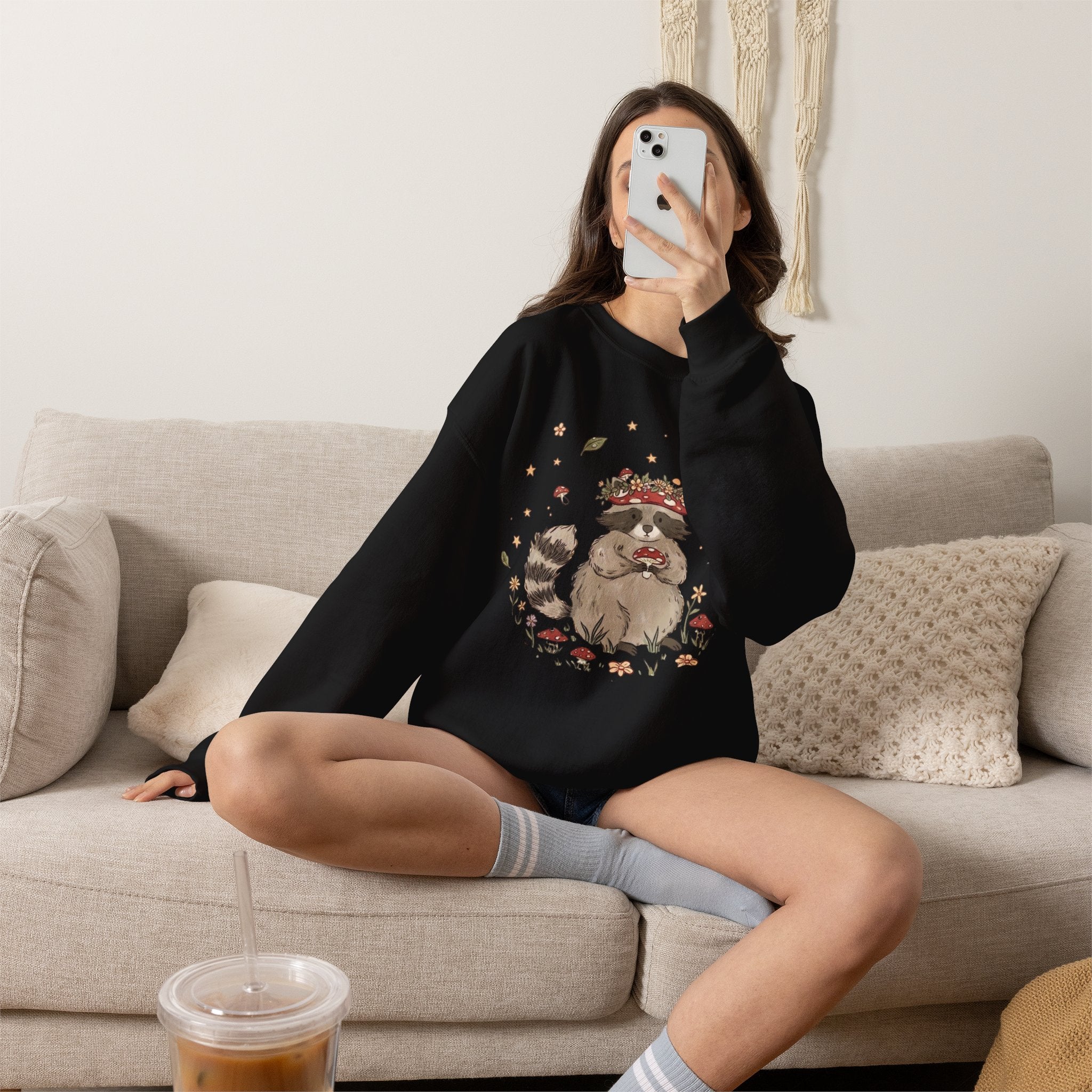 Cute Raccoon with Mushroom Crown Sweatshirt - Cottagecore Forest Animal Tee