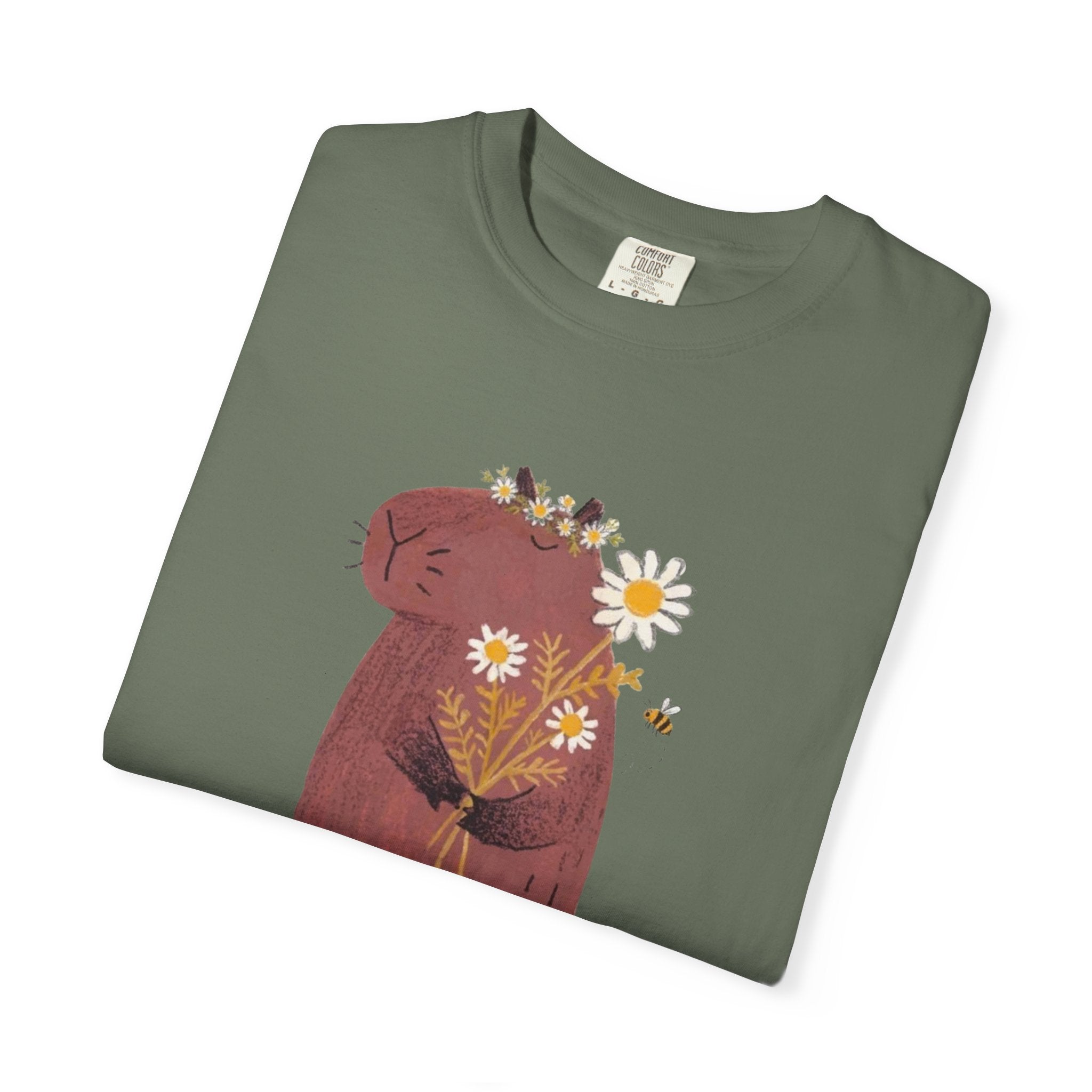 Comfort Color Cute Capybara with Daisy Bouquet Graphic T-Shirt - Unisex Cotton Tee