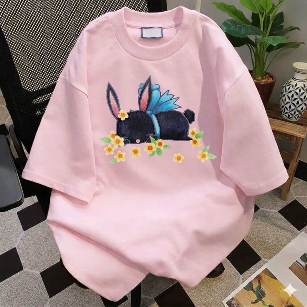 Bunny Bouquet T‑Shirt — Sleeping Black Bunny with Flowers