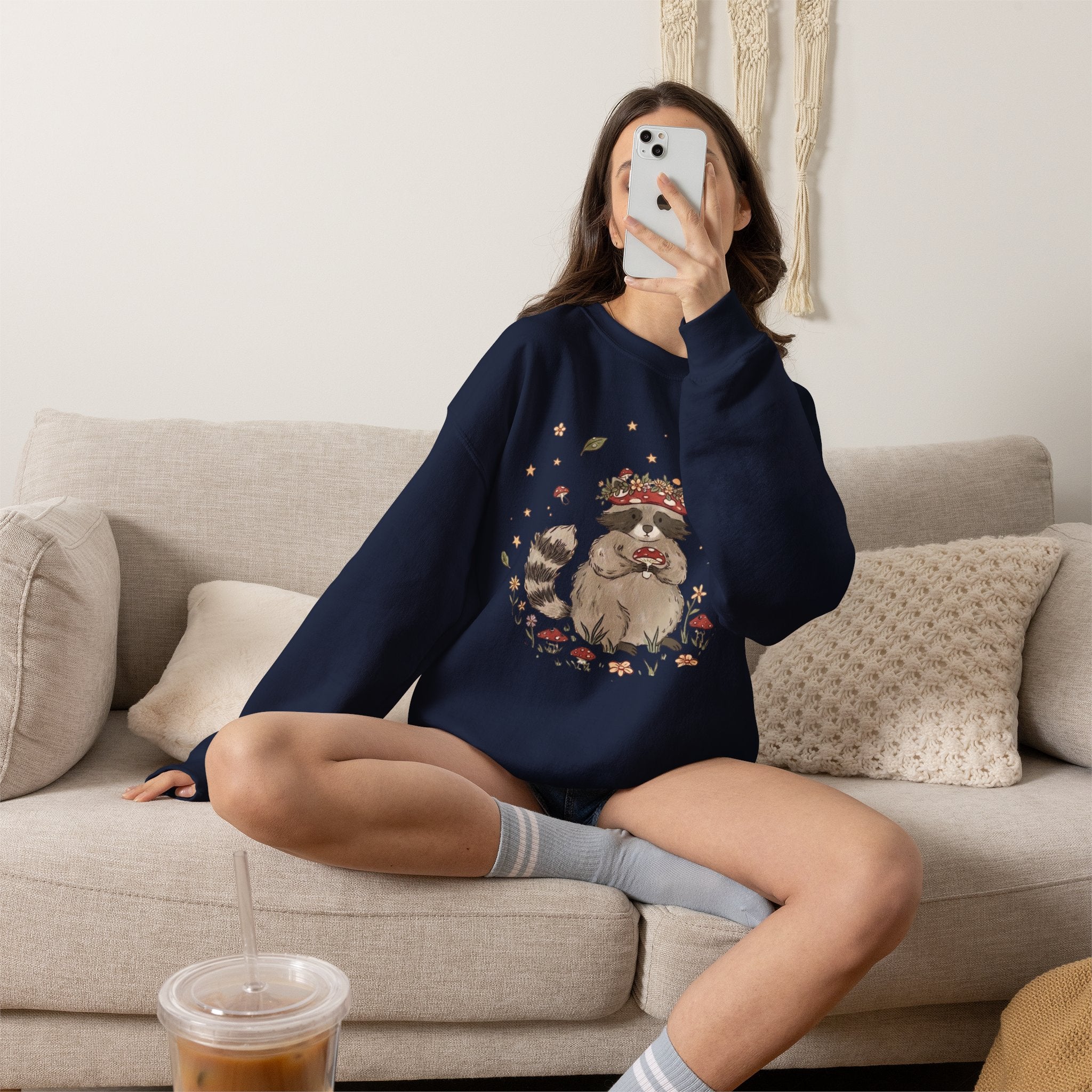 Cute Raccoon with Mushroom Crown Sweatshirt - Cottagecore Forest Animal Tee