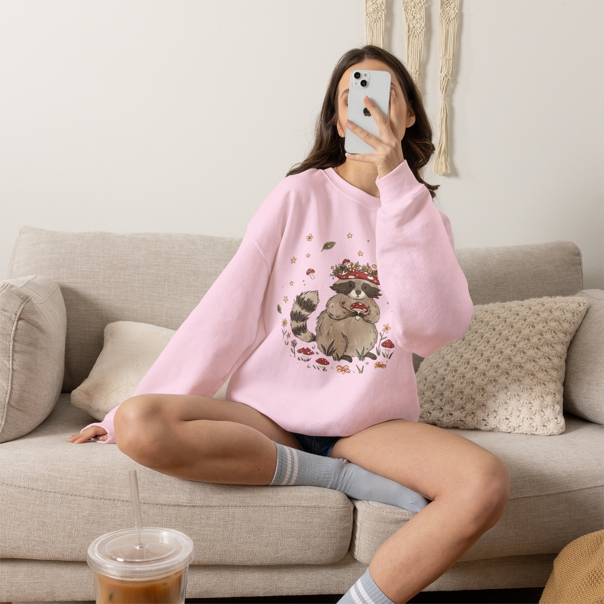 Cute Raccoon with Mushroom Crown Sweatshirt - Cottagecore Forest Animal Tee