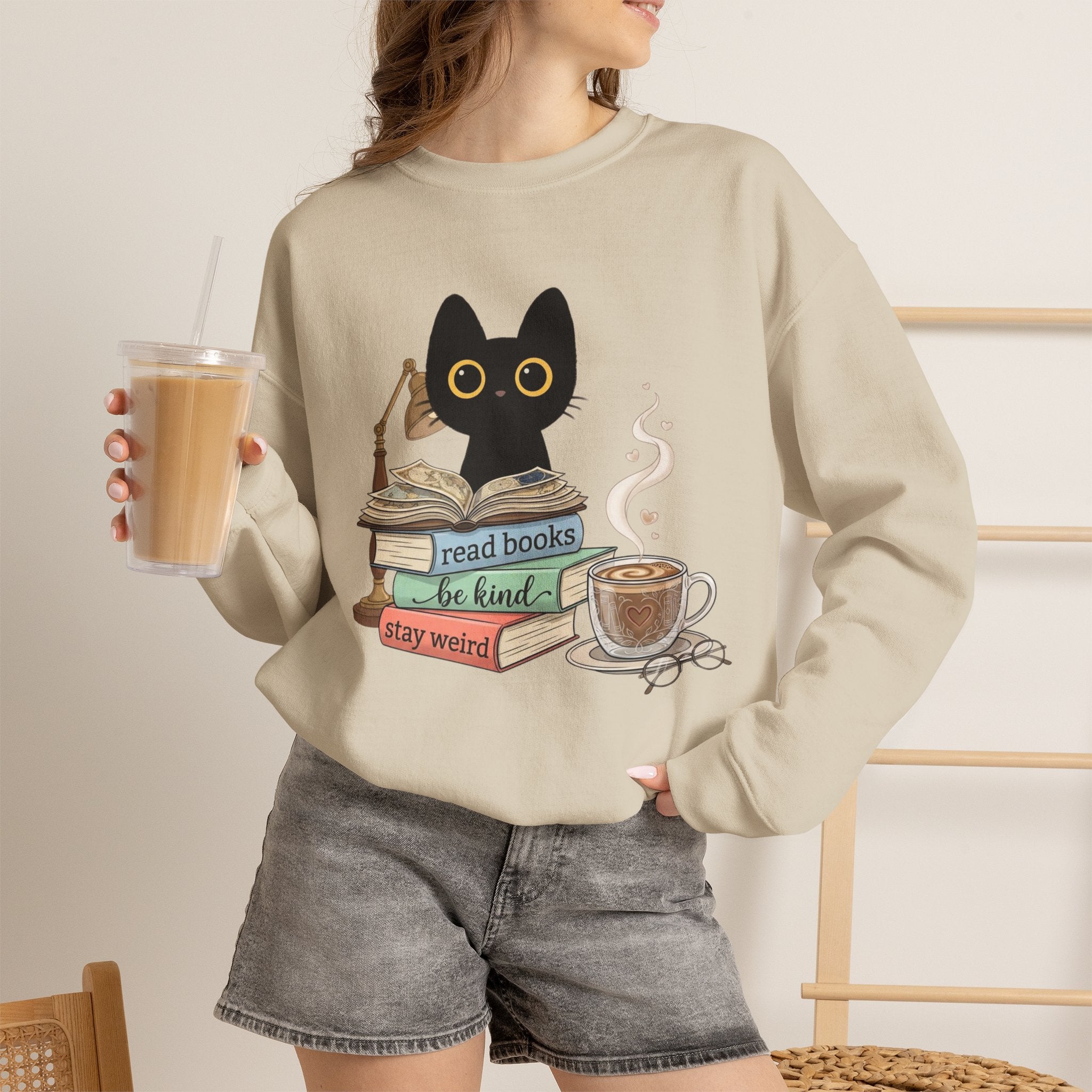 Cat & Books Crewneck — "Read Books, Be Kind, Stay Weird" Cozy Booklover Sweatshirt