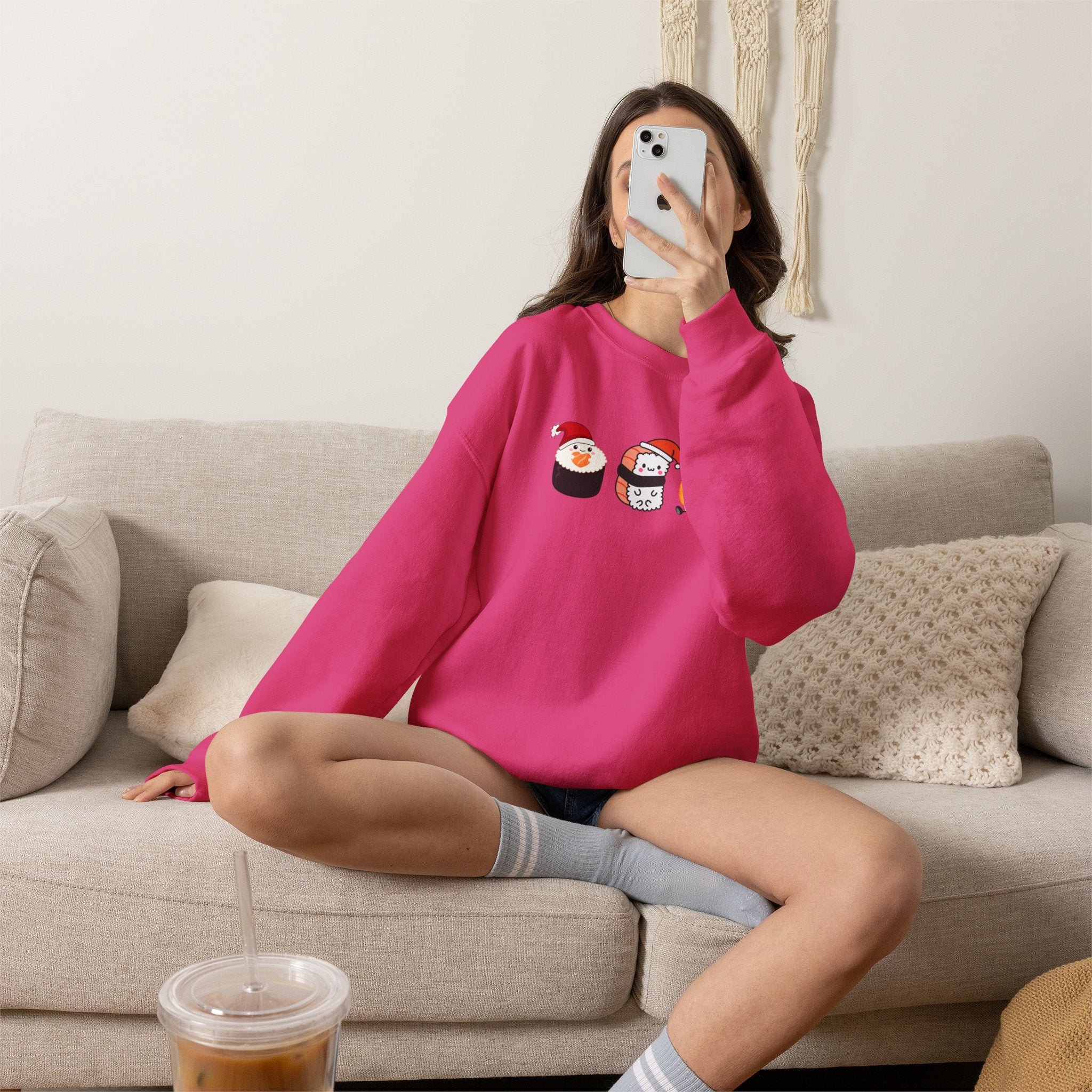 Holiday Sushi Crewneck Sweatshirt — Cute Santa Sushi Trio Christmas Sweatshirt