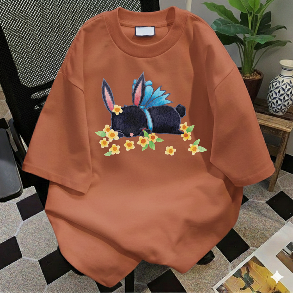 Bunny Bouquet T‑Shirt — Sleeping Black Bunny with Flowers