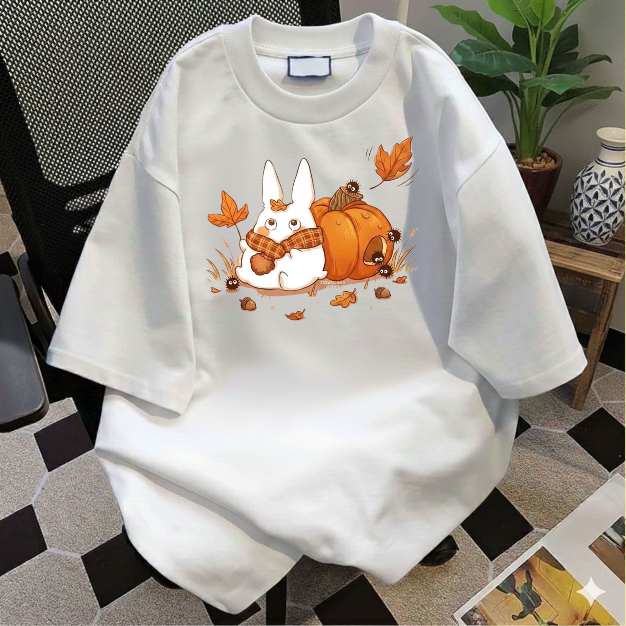 Studio Ghibli Autumn T-Shirt, Cute White Rabbit and Soot Sprites Tee, Spooky Season Pumpkin Shirt, Comfort Colors® Fall Apparel
