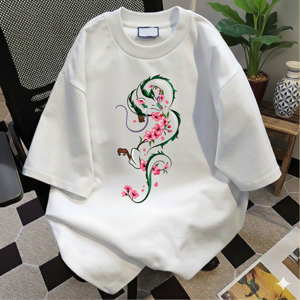 Vintage Dragon and Sakura T-Shirt, Japanese Aesthetic Anime Clothing, Cherry Blossom Floral Dragon Tee, Studio Ghibli Aesthetic Tee