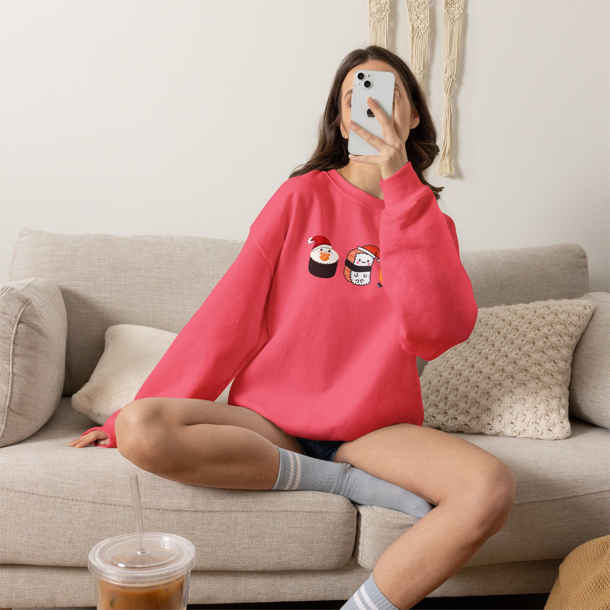 Holiday Sushi Crewneck Sweatshirt — Cute Santa Sushi Trio Christmas Sweatshirt