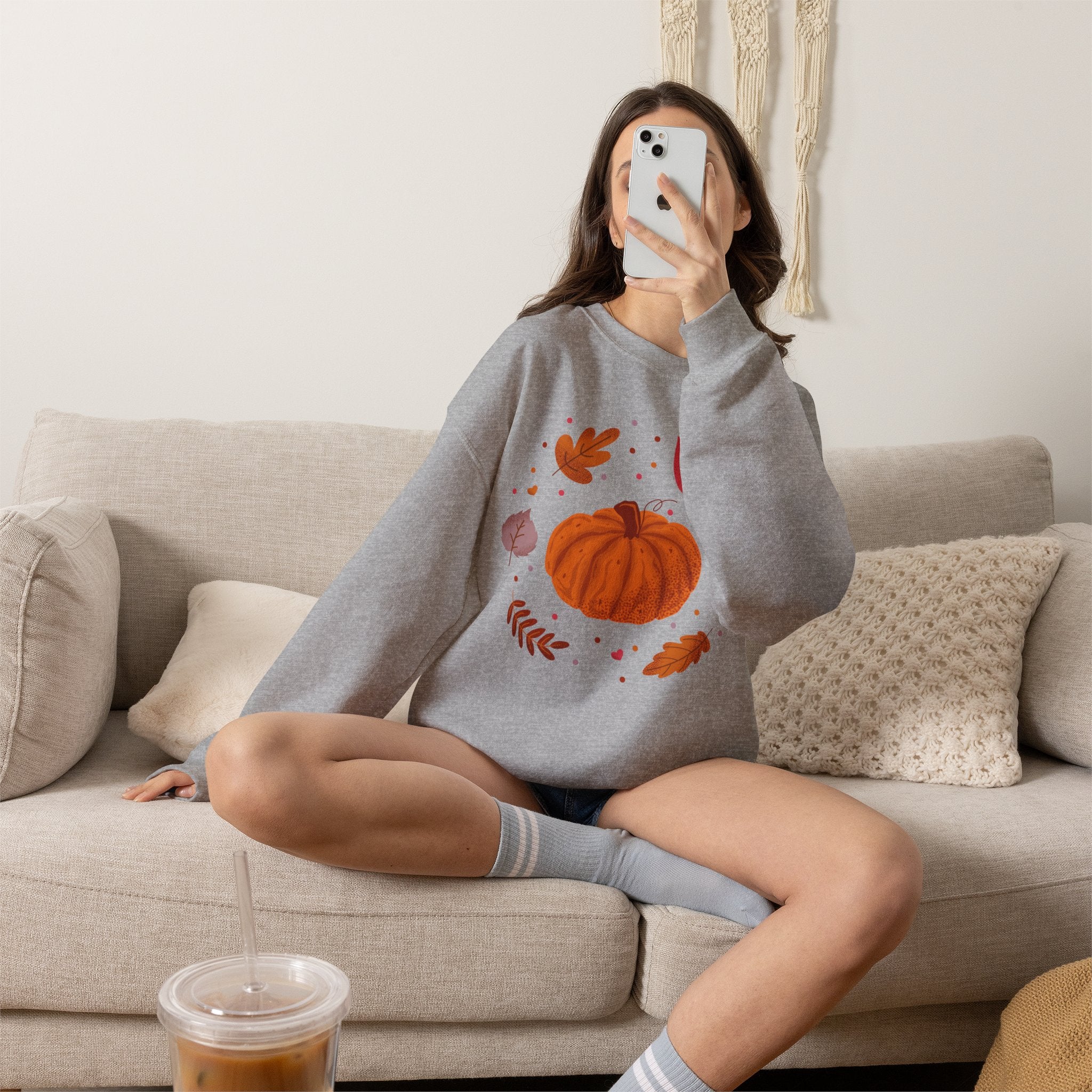 Autumn Pumpkin and Fall Leaves Graphic Sweatshirt - Cozy Seasonal Crewneck - Cute Halloween Shirt