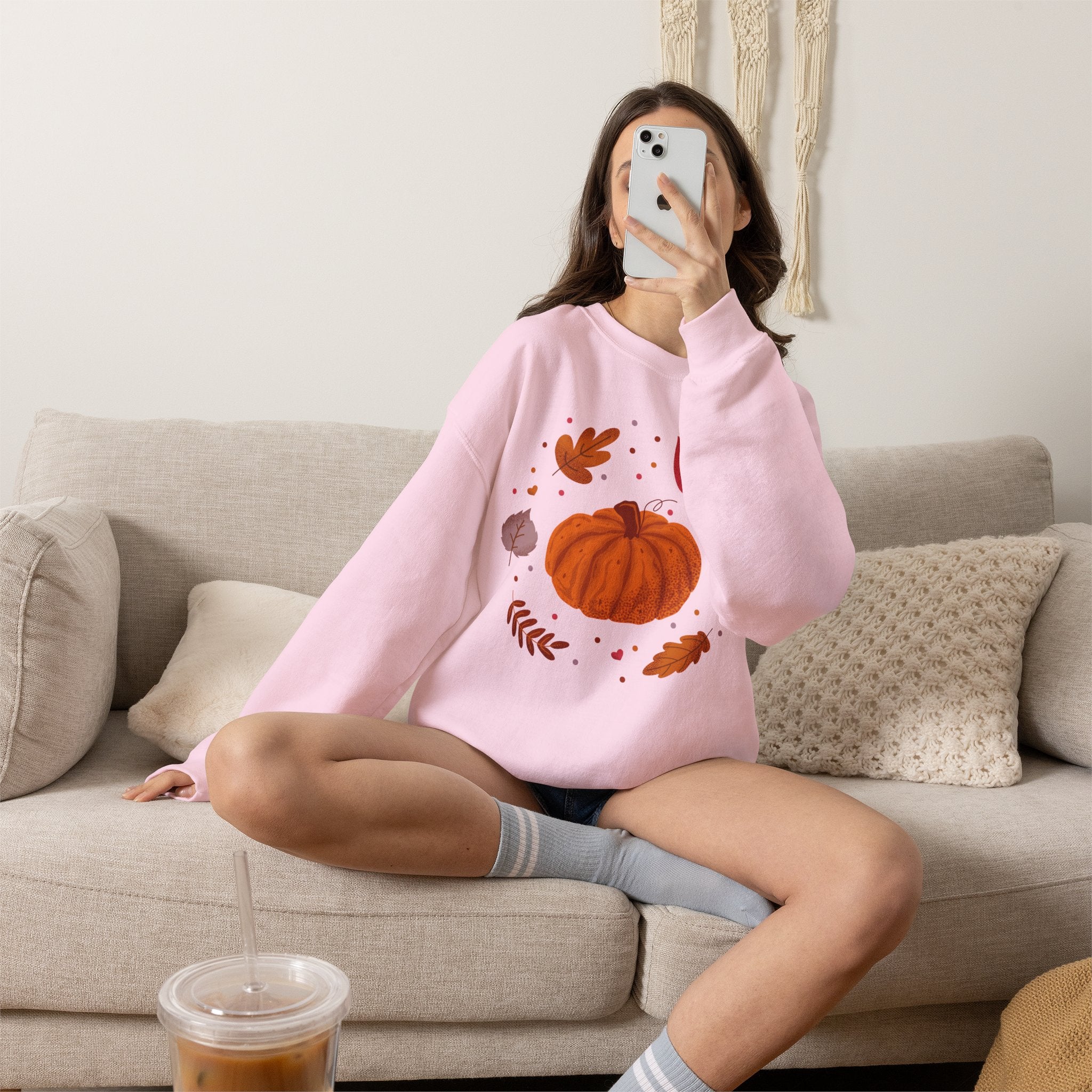 Autumn Pumpkin and Fall Leaves Graphic Sweatshirt - Cozy Seasonal Crewneck - Cute Halloween Shirt