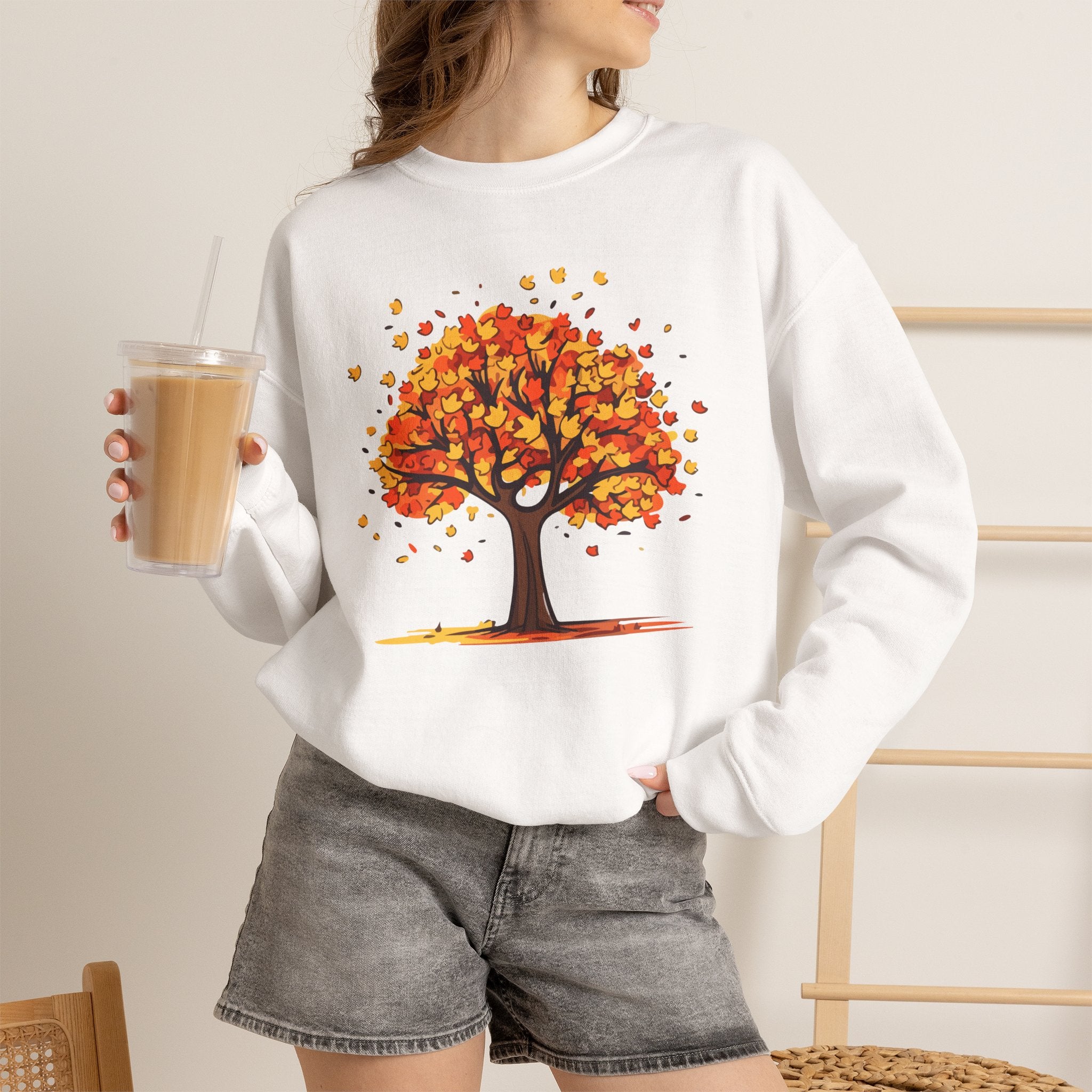 Autumn Leaves Tree Sweatshirt — Cozy Fall Crewneck Pullover, Seasonal Nature Lover Shirt