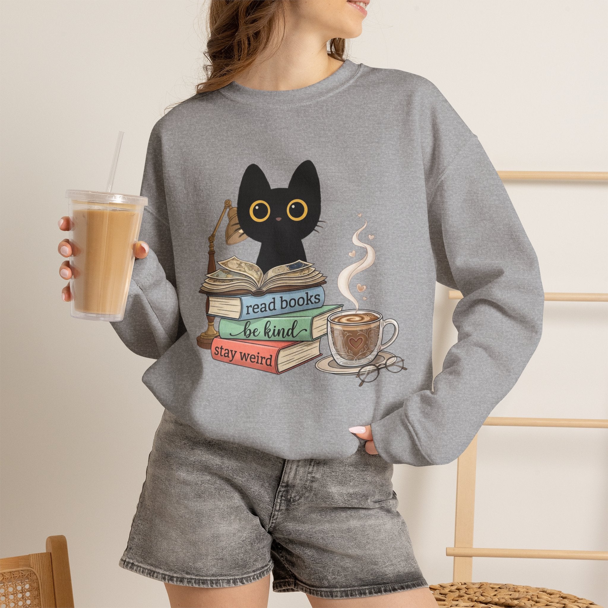 Cat & Books Crewneck — "Read Books, Be Kind, Stay Weird" Cozy Booklover Sweatshirt
