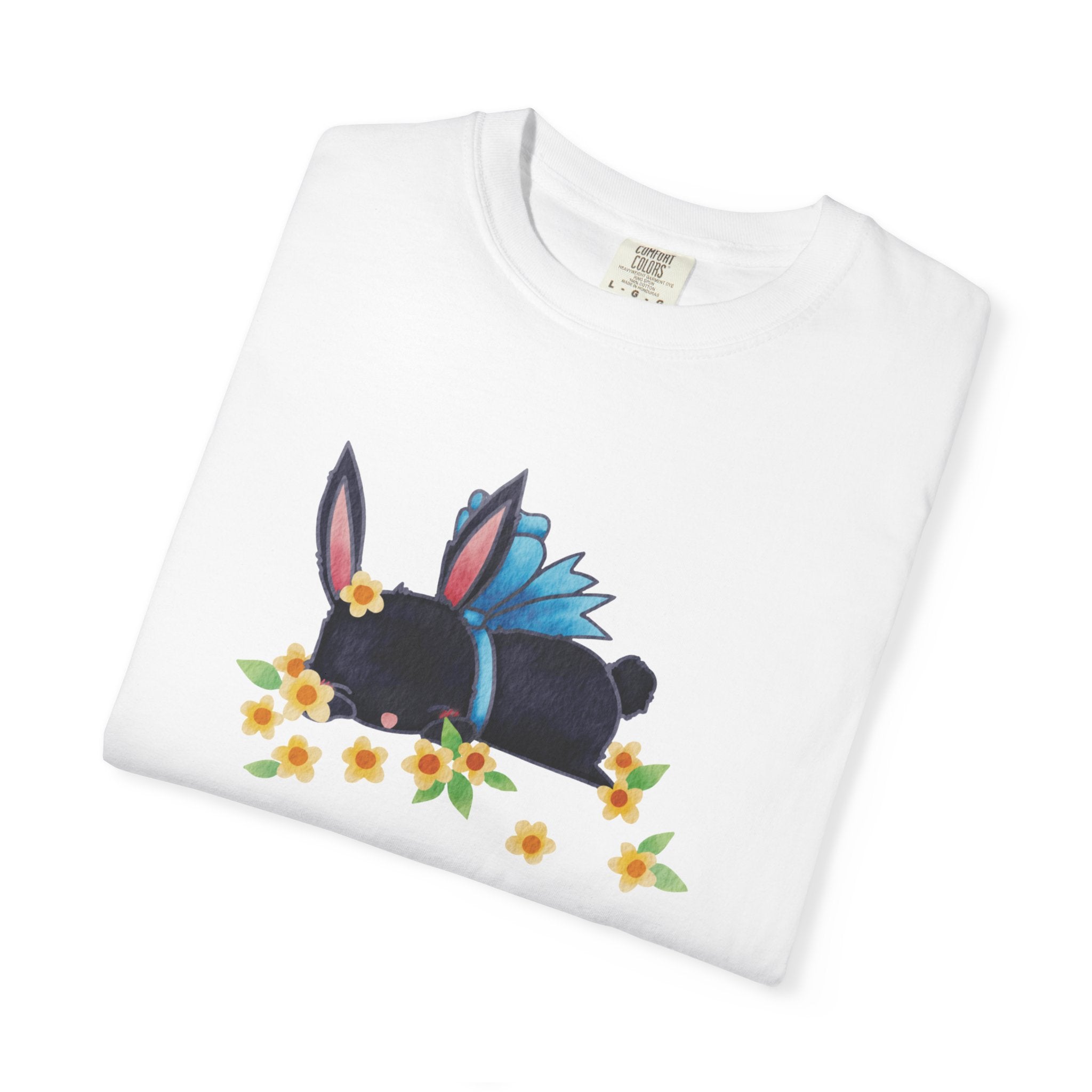 Bunny Bouquet T‑Shirt — Sleeping Black Bunny with Flowers