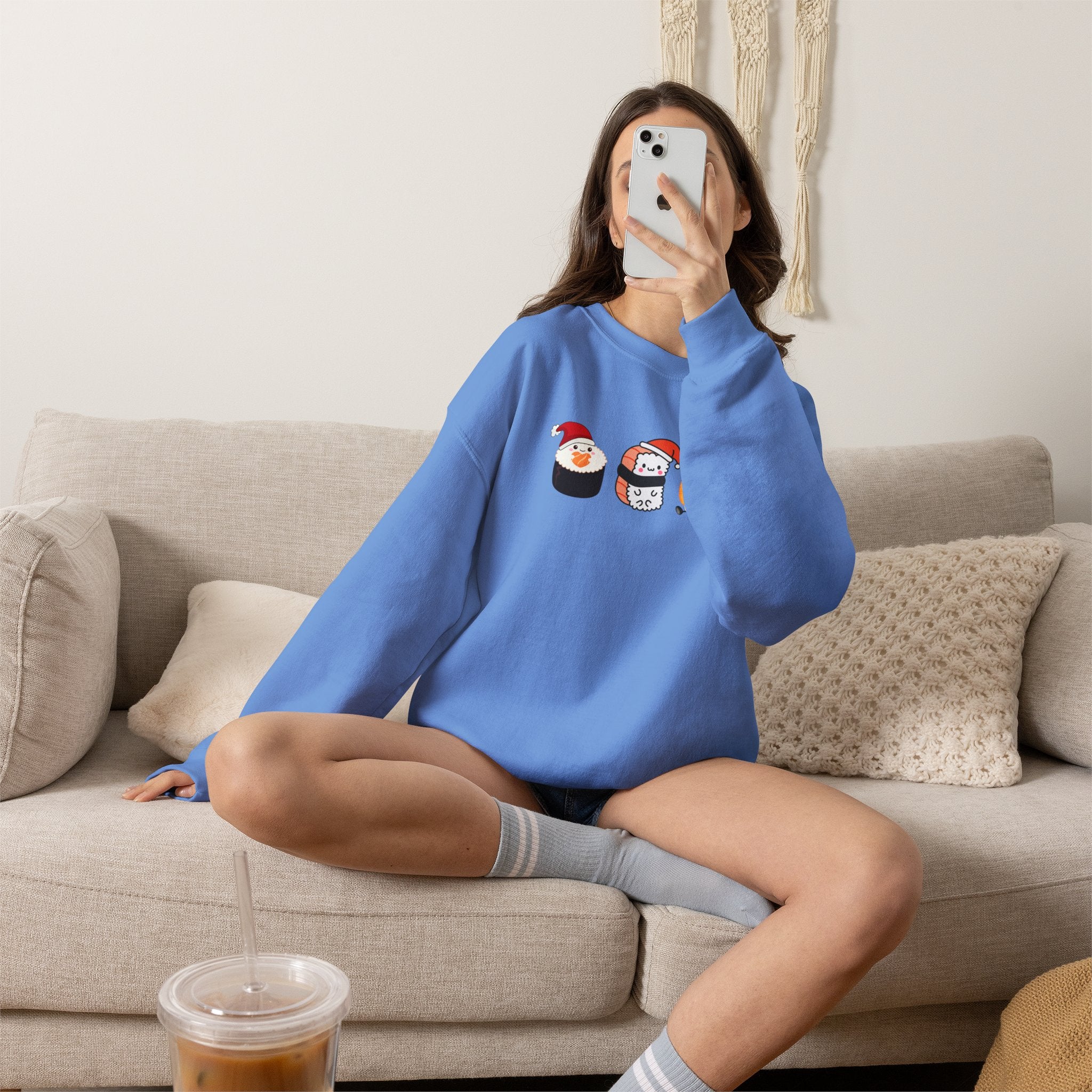 Holiday Sushi Crewneck Sweatshirt — Cute Santa Sushi Trio Christmas Sweatshirt