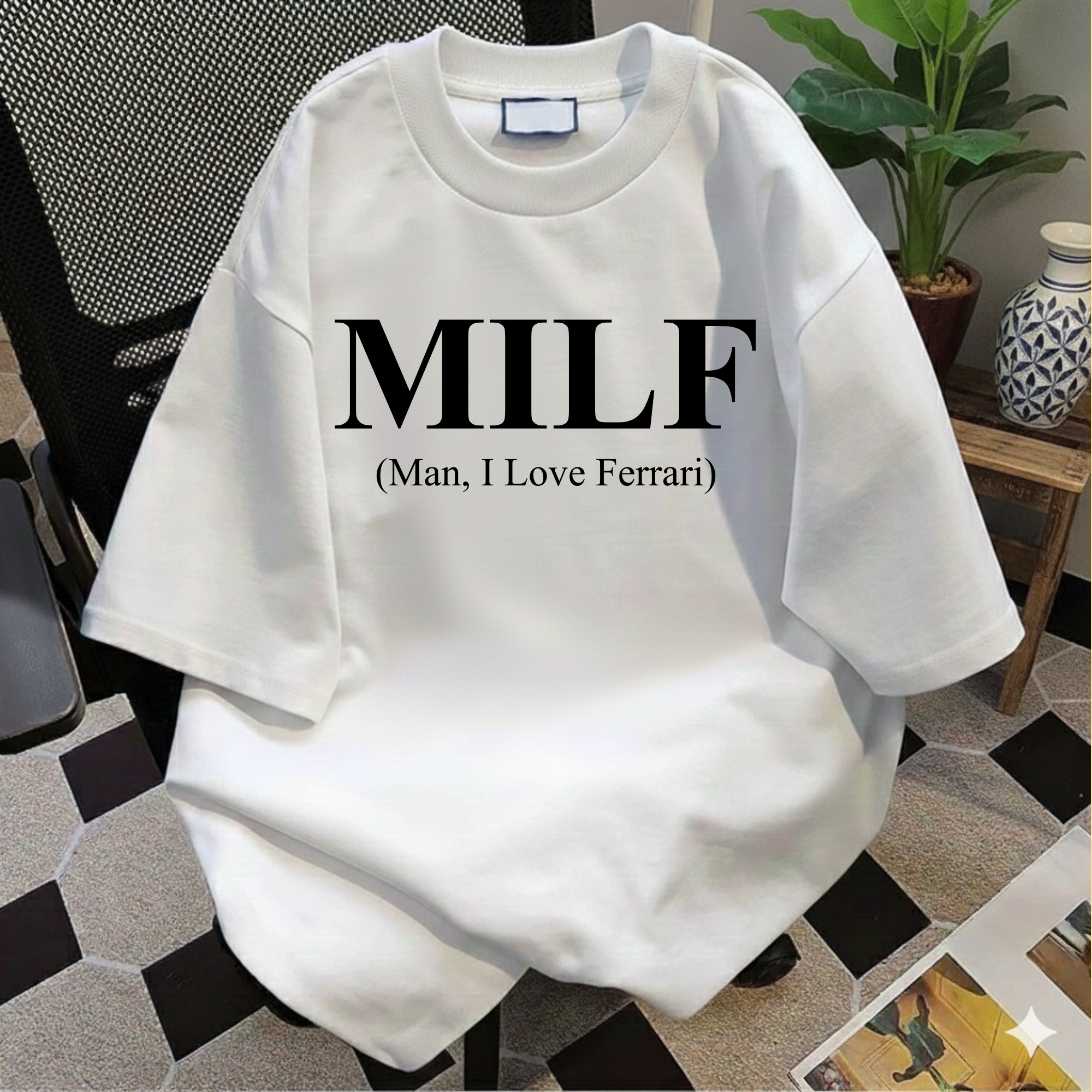 MILF Joke T-Shirt, "Man I Love Ferrari" Edgy Word Art Tee, Streetwear Graphic Shirt for Trolls, Funny Humor Top, Funny Quote Shirt