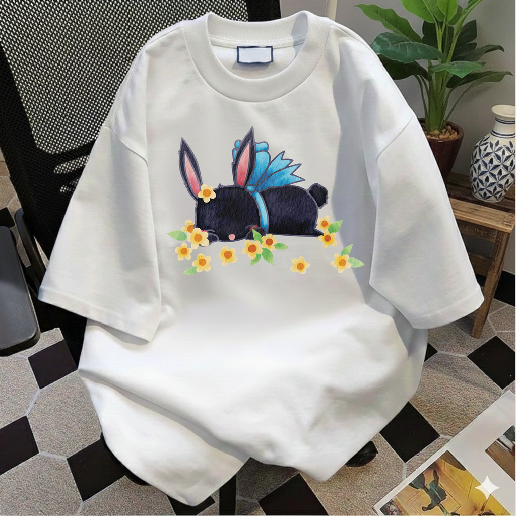 Bunny Bouquet T‑Shirt — Sleeping Black Bunny with Flowers