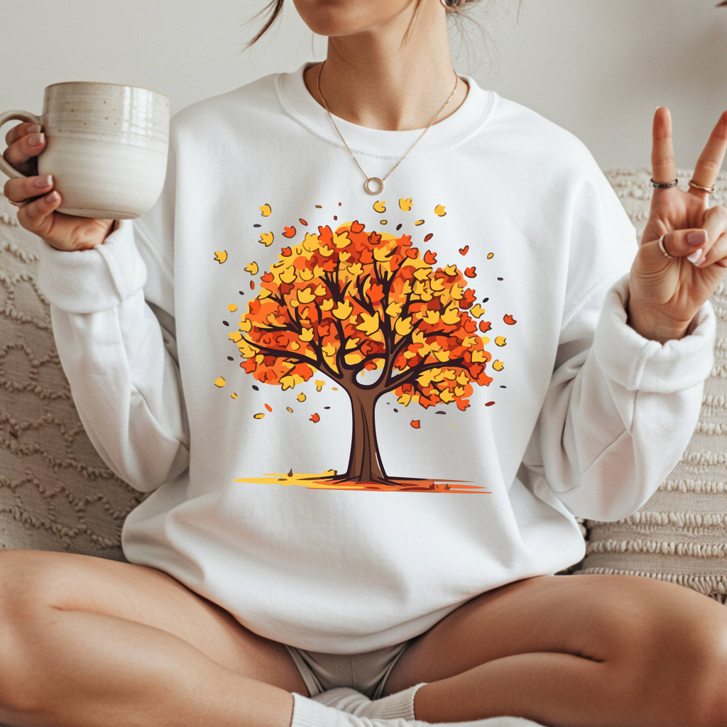 Autumn Leaves Tree Sweatshirt — Cozy Fall Crewneck Pullover, Seasonal Nature Lover Shirt