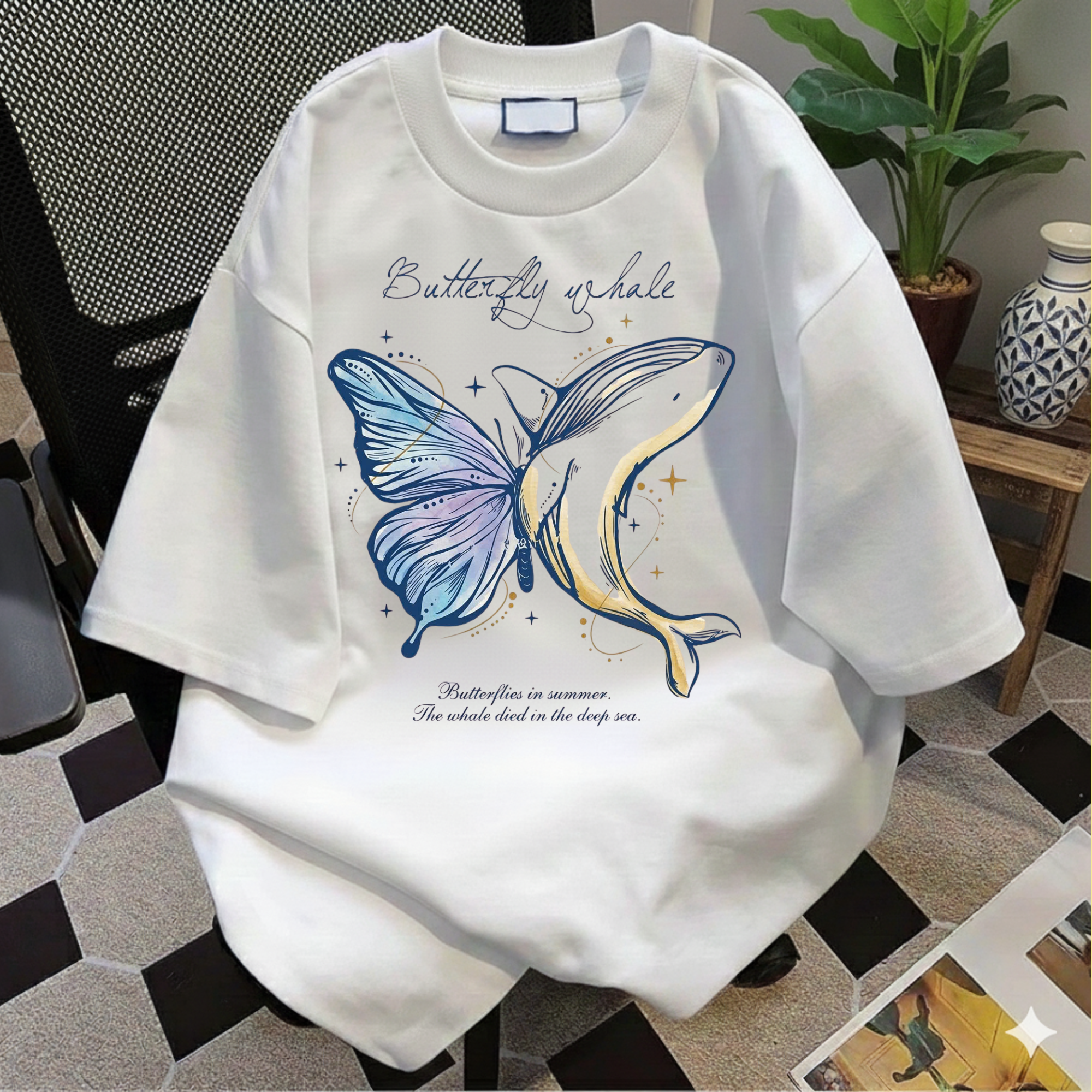 T‑Shirt — Butterfly Whale Illustration "the gift of whale" — Nature‑Inspired Graphic Tee