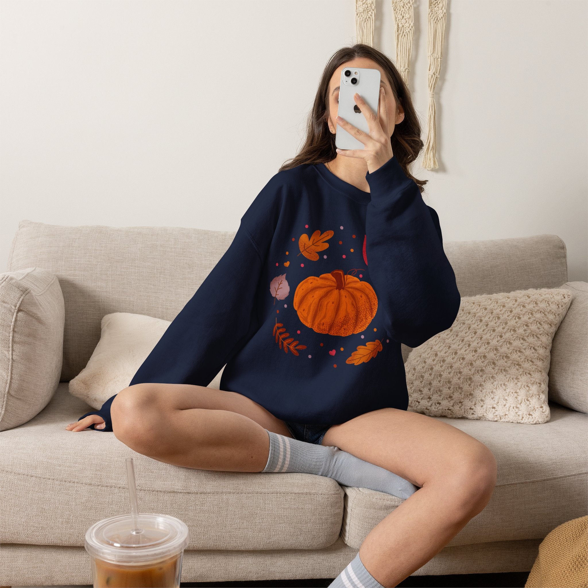 Autumn Pumpkin and Fall Leaves Graphic Sweatshirt - Cozy Seasonal Crewneck - Cute Halloween Shirt