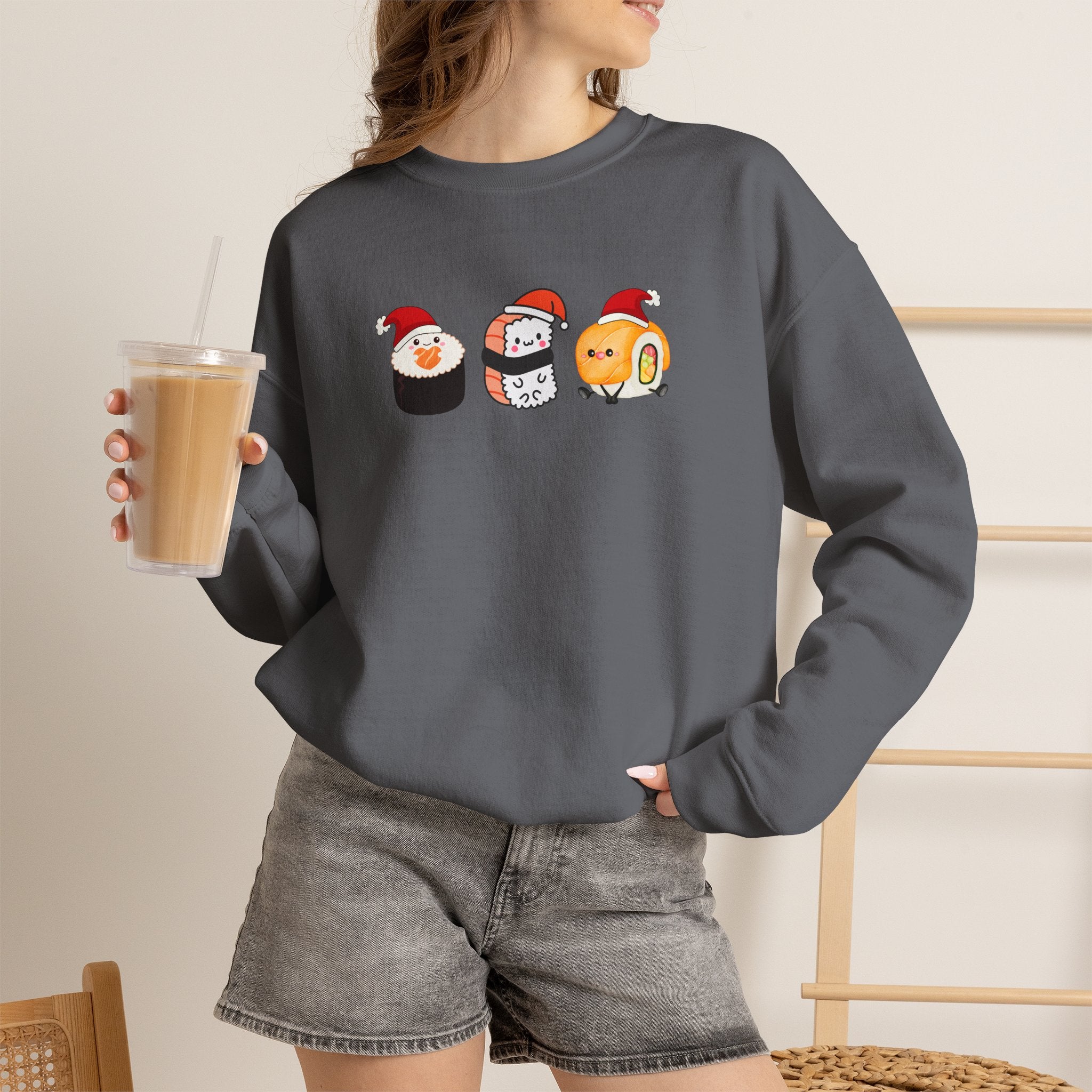 Holiday Sushi Crewneck Sweatshirt — Cute Santa Sushi Trio Christmas Sweatshirt