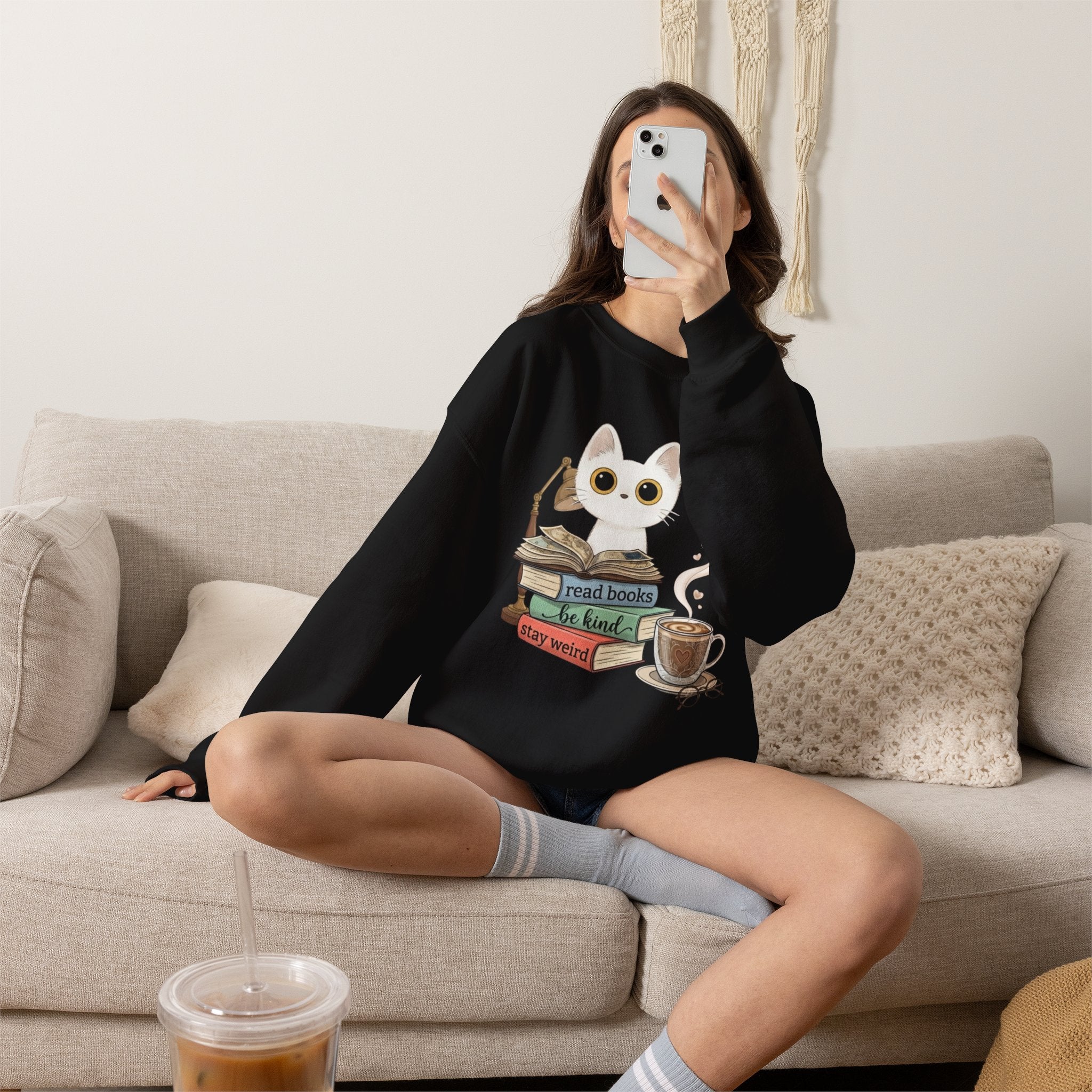 Cat & Books Crewneck — "Read Books, Be Kind, Stay Weird" Cozy Booklover Sweatshirt