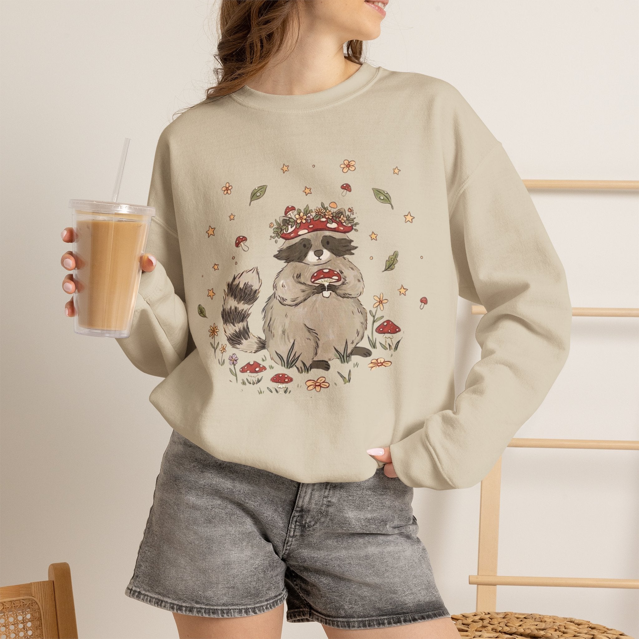 Cute Raccoon with Mushroom Crown Sweatshirt - Cottagecore Forest Animal Tee