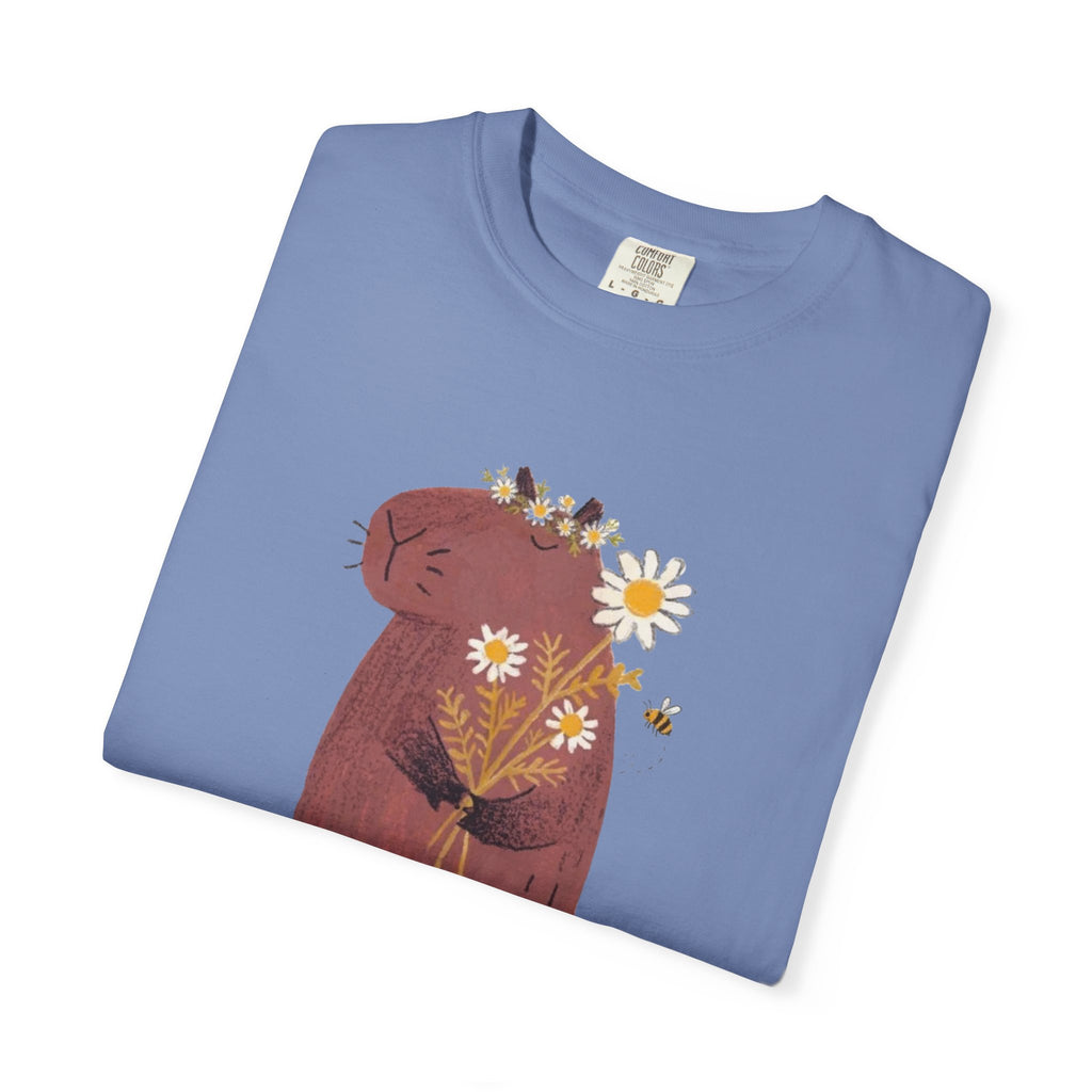 Comfort Color Cute Capybara with Daisy Bouquet Graphic T-Shirt - Unisex Cotton Tee