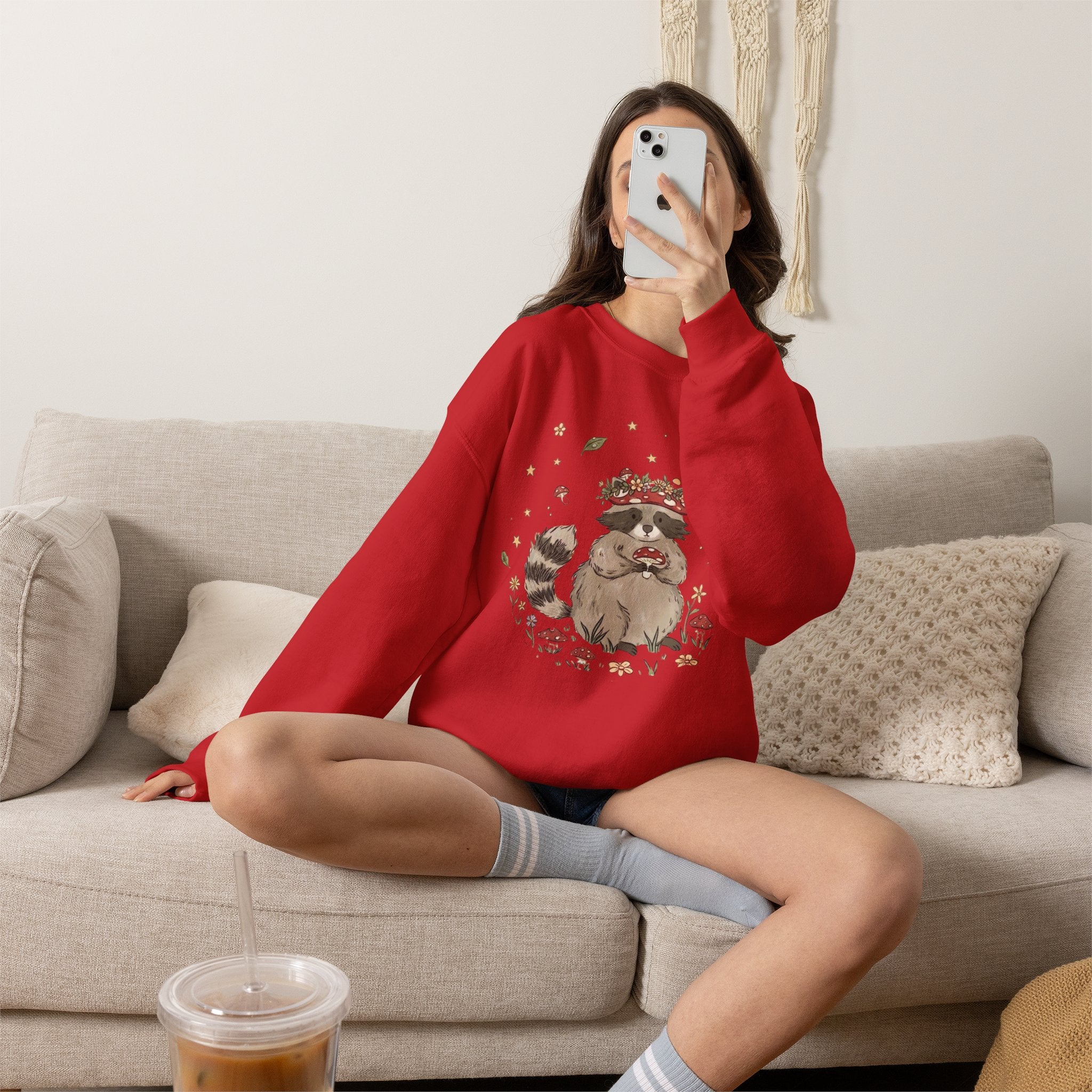 Cute Raccoon with Mushroom Crown Sweatshirt - Cottagecore Forest Animal Tee