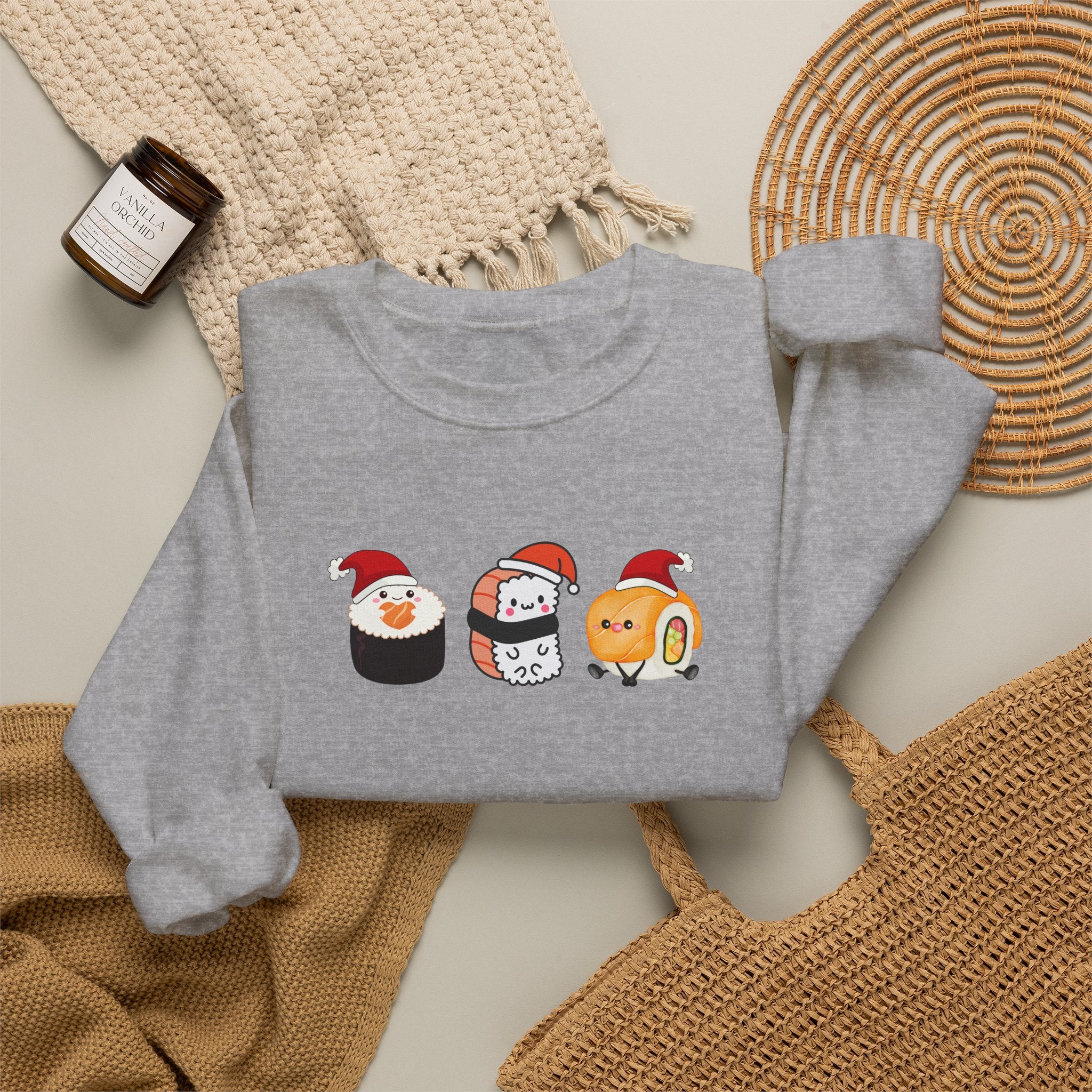Holiday Sushi Crewneck Sweatshirt — Cute Santa Sushi Trio Christmas Sweatshirt
