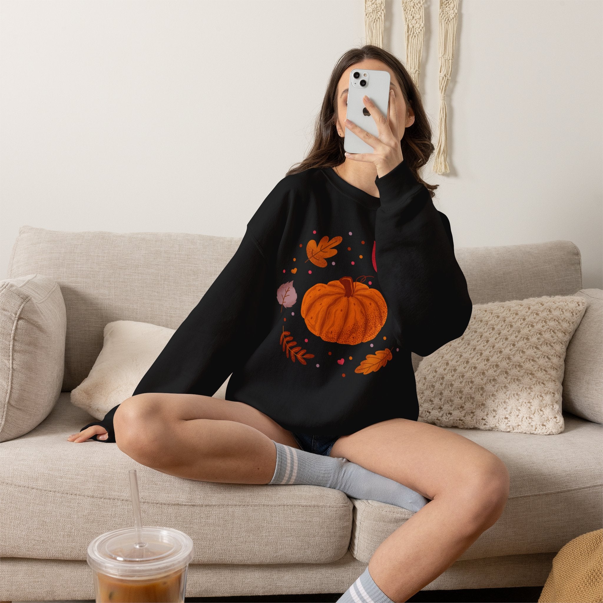 Autumn Pumpkin and Fall Leaves Graphic Sweatshirt - Cozy Seasonal Crewneck - Cute Halloween Shirt