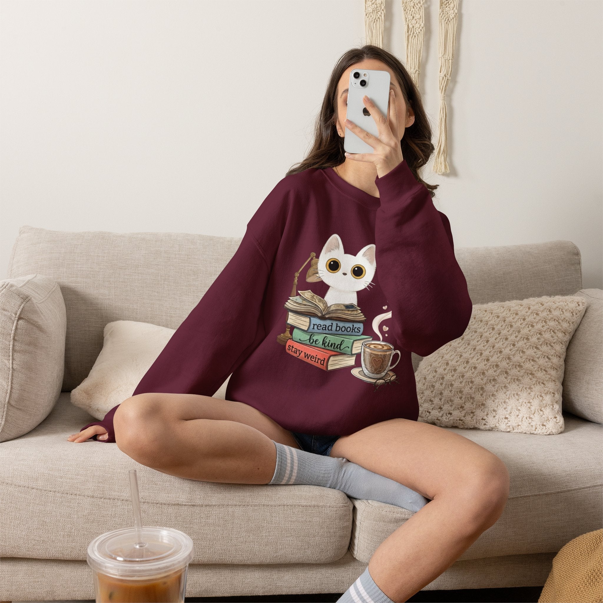 Cat & Books Crewneck — "Read Books, Be Kind, Stay Weird" Cozy Booklover Sweatshirt