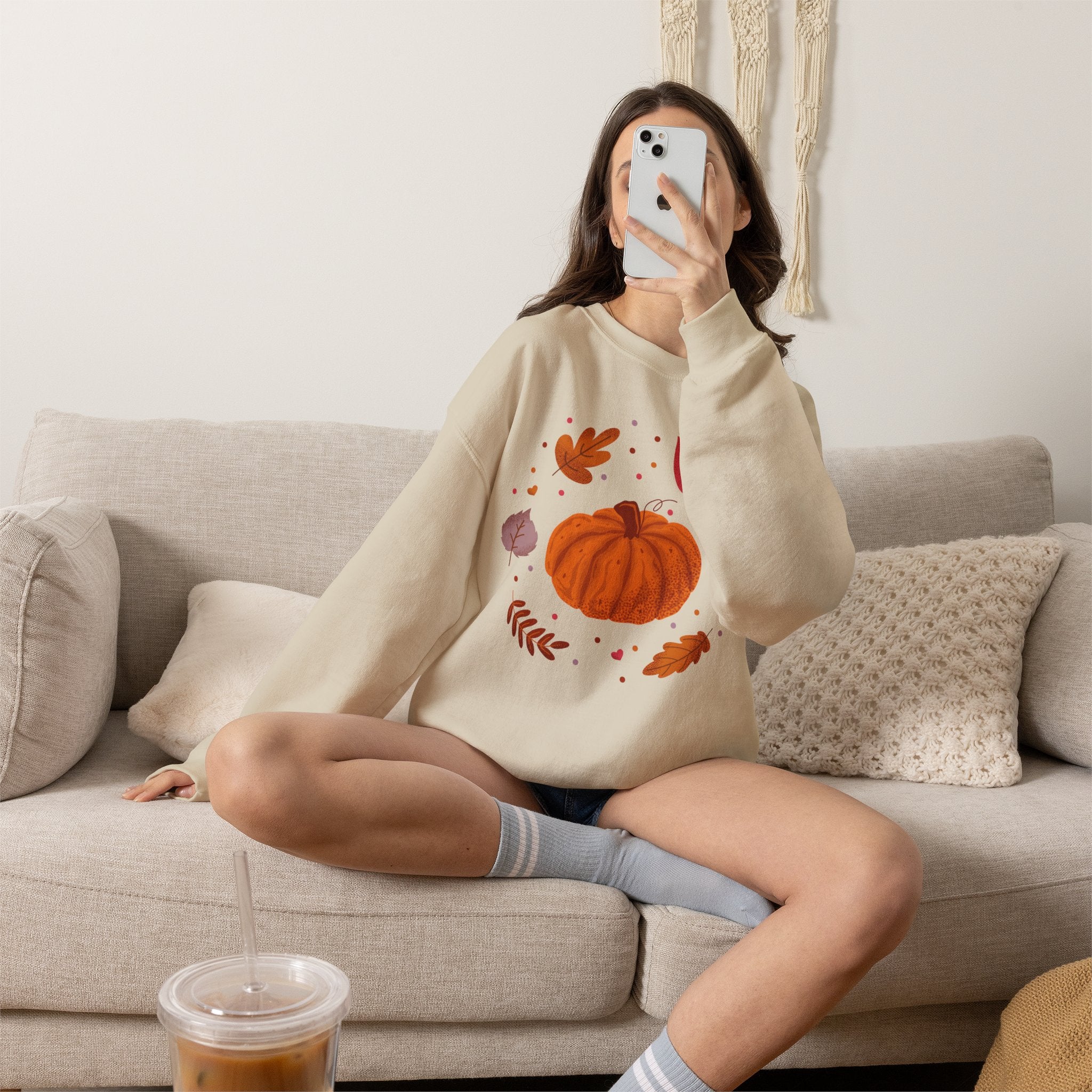 Autumn Pumpkin and Fall Leaves Graphic Sweatshirt - Cozy Seasonal Crewneck - Cute Halloween Shirt
