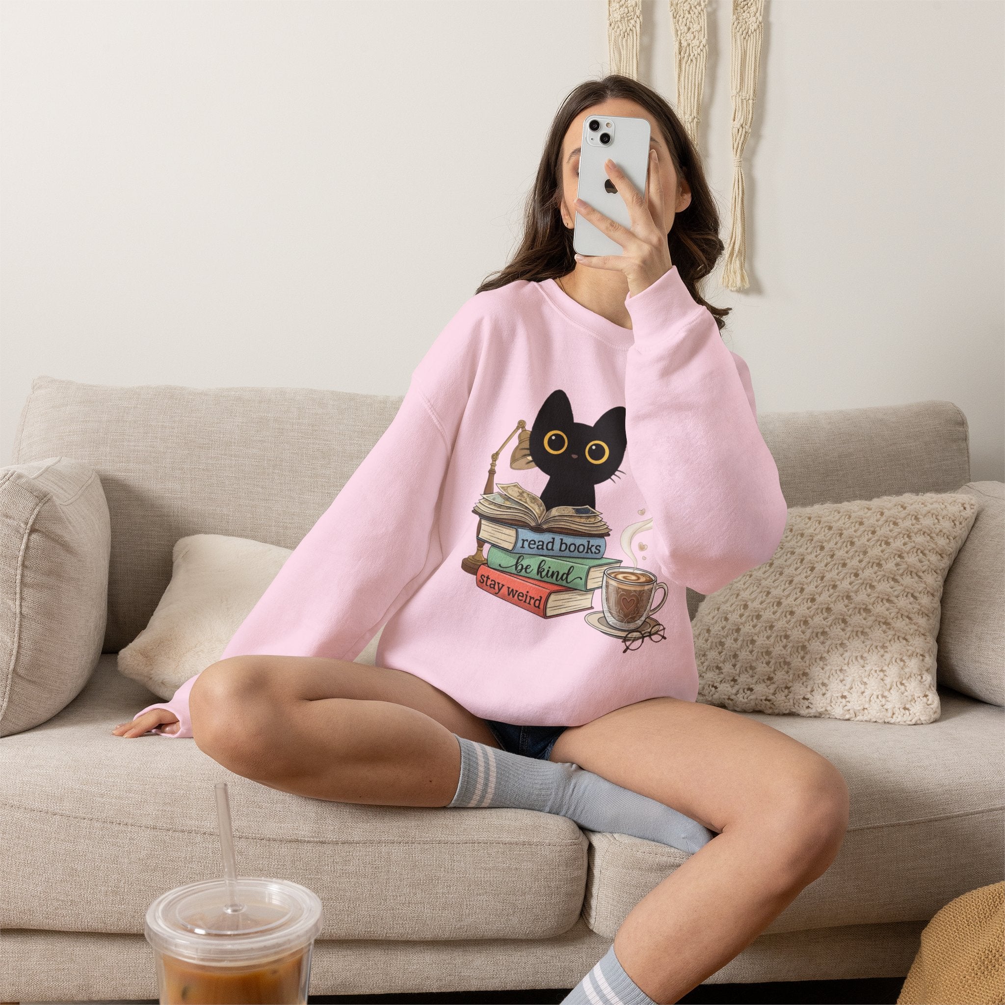 Cat & Books Crewneck — "Read Books, Be Kind, Stay Weird" Cozy Booklover Sweatshirt