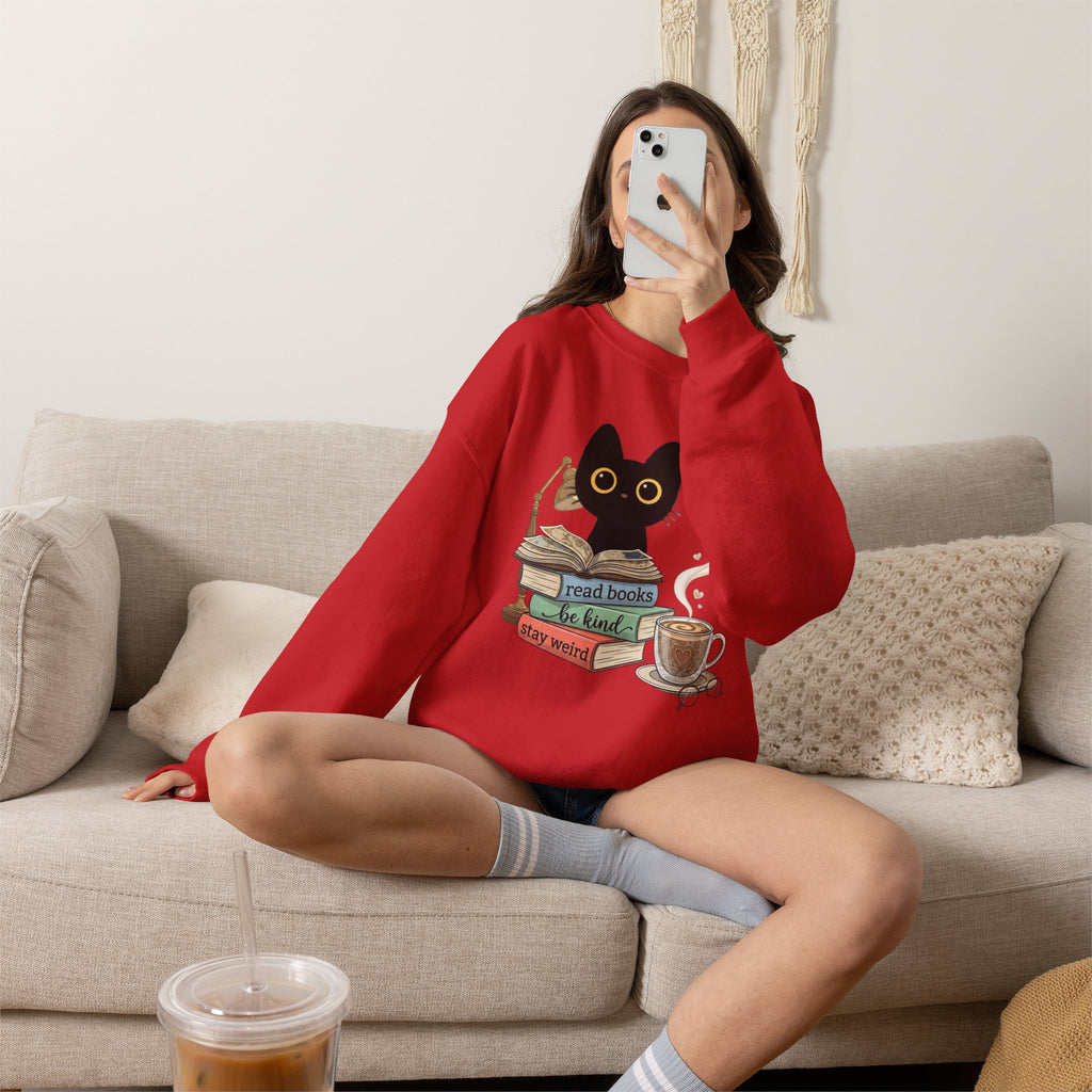 Cat & Books Crewneck — "Read Books, Be Kind, Stay Weird" Cozy Booklover Sweatshirt