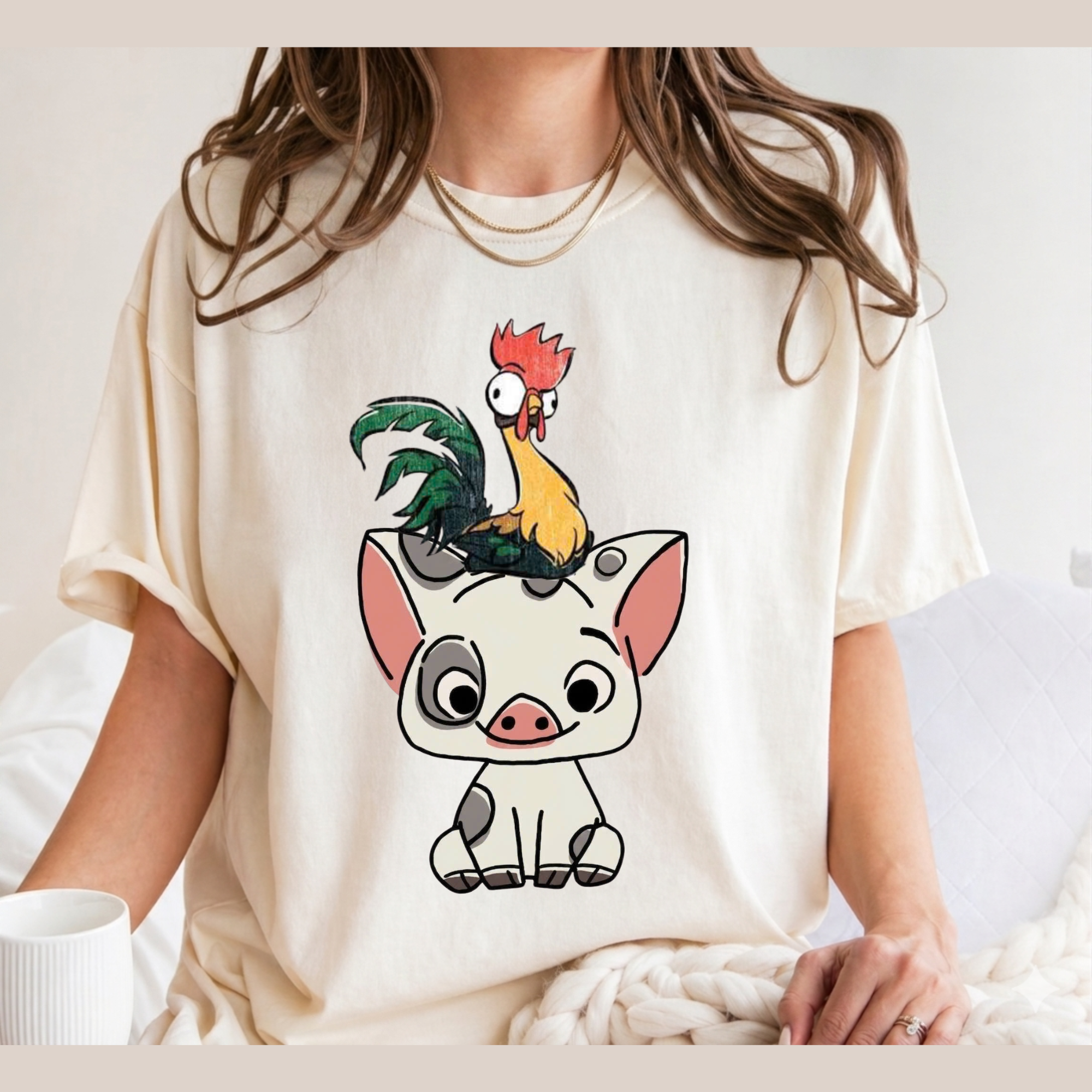 Cute Pua and Hei Hei Shirt, Retro Moana Pig and Rooster T-Shirt, Chibi Anime Graphic Tee, Cute Animal Comfort Colors Shirt