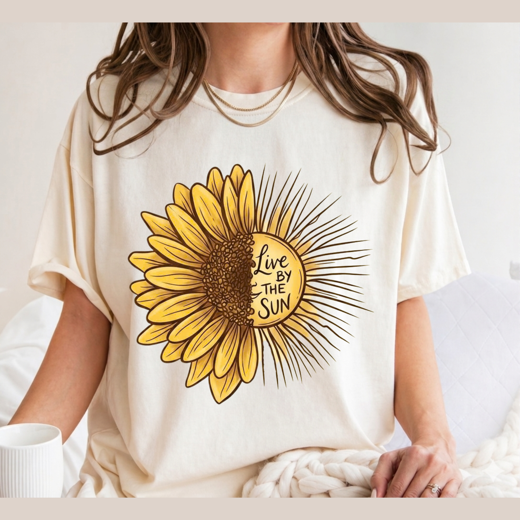 Boho Sunflower Sun Shirt, Inspirational Quote Graphic Tee, Live by the Sun Floral T-Shirt, Aesthetic Sunbeams Comfort Tee