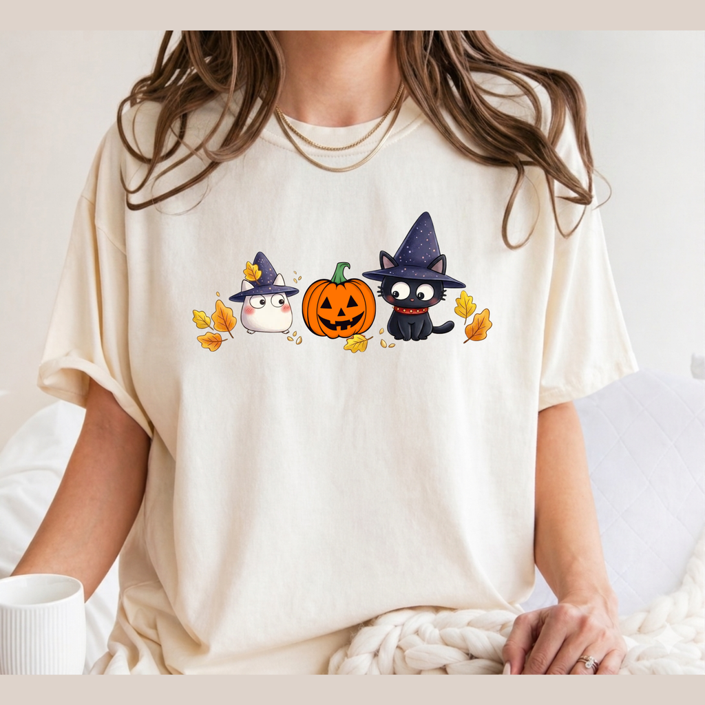 Cute Halloween Witch Cat & Ghost Pumpkin T-Shirt