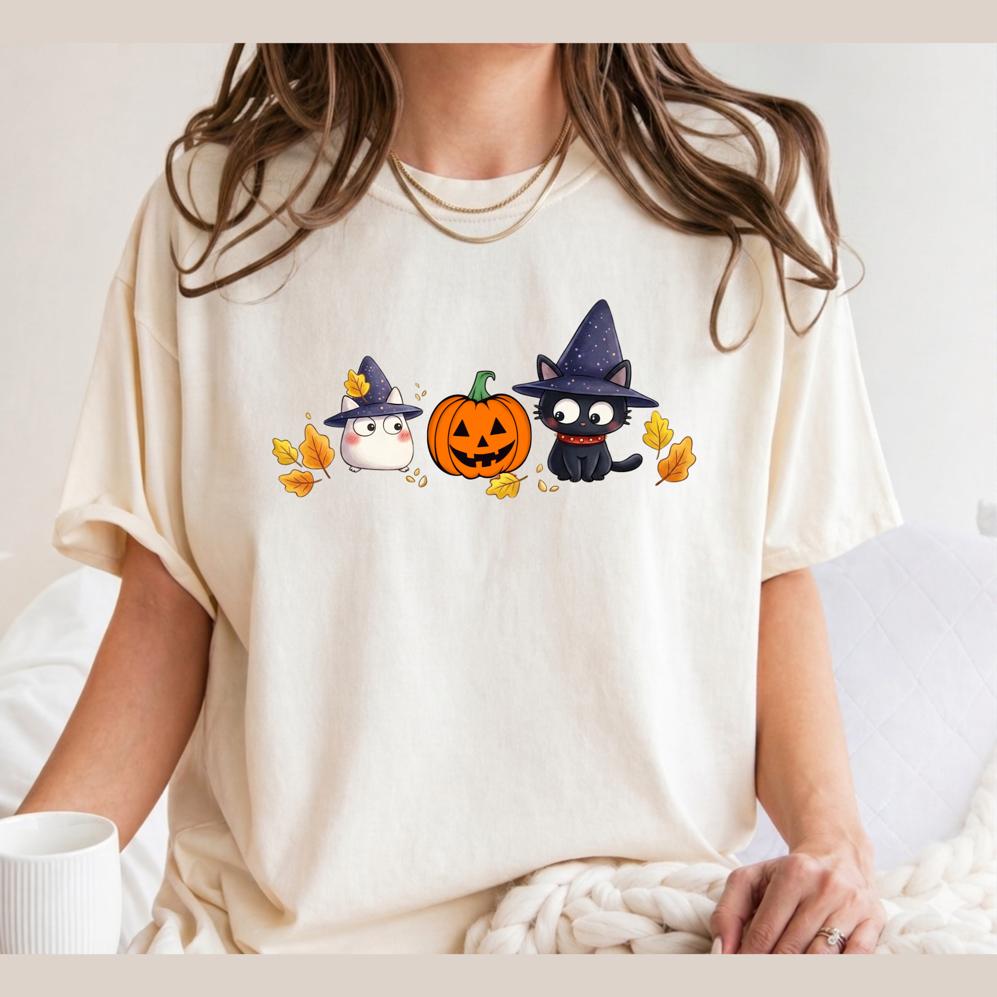 Cute Halloween Witch Cat & Ghost Pumpkin T-Shirt