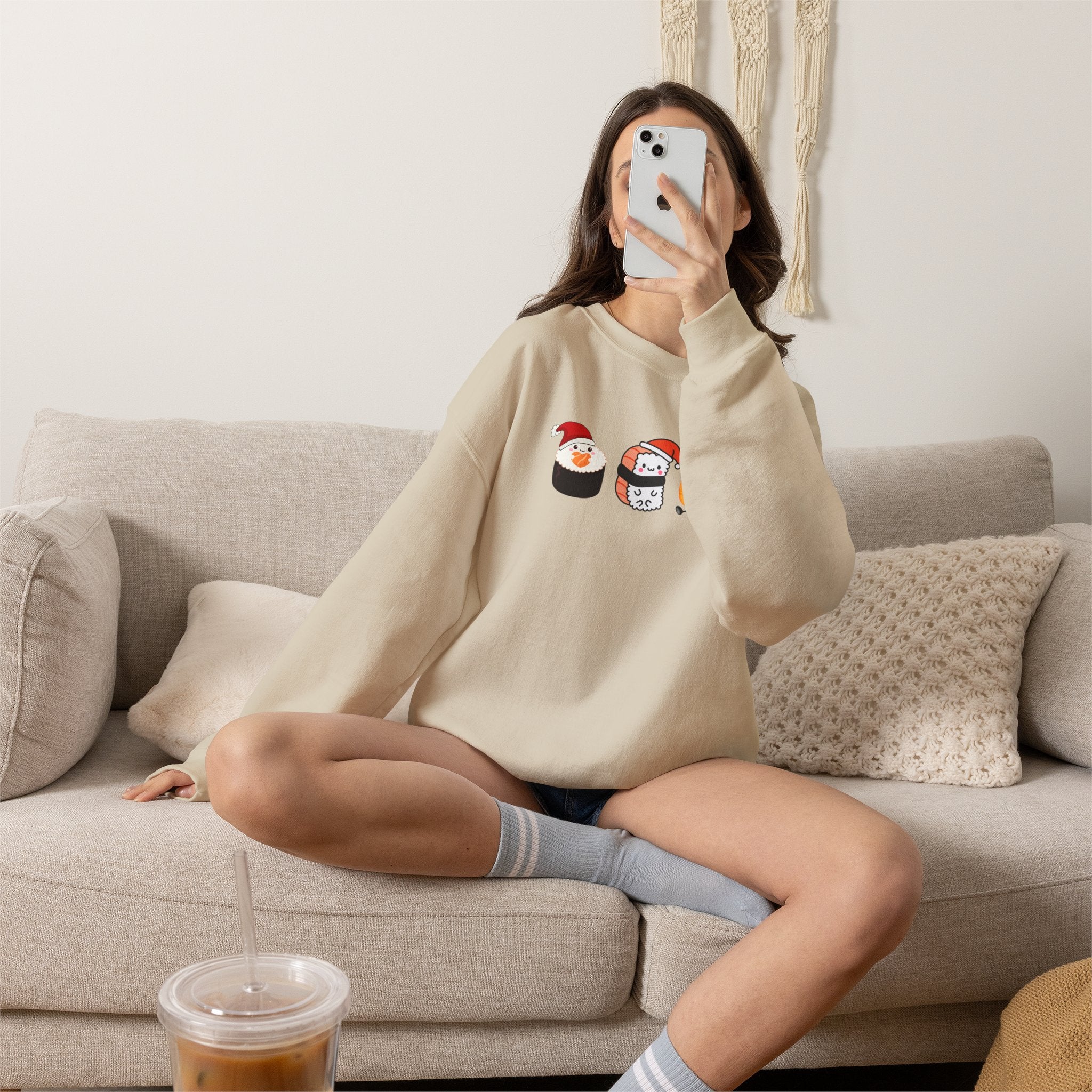 Holiday Sushi Crewneck Sweatshirt — Cute Santa Sushi Trio Christmas Sweatshirt