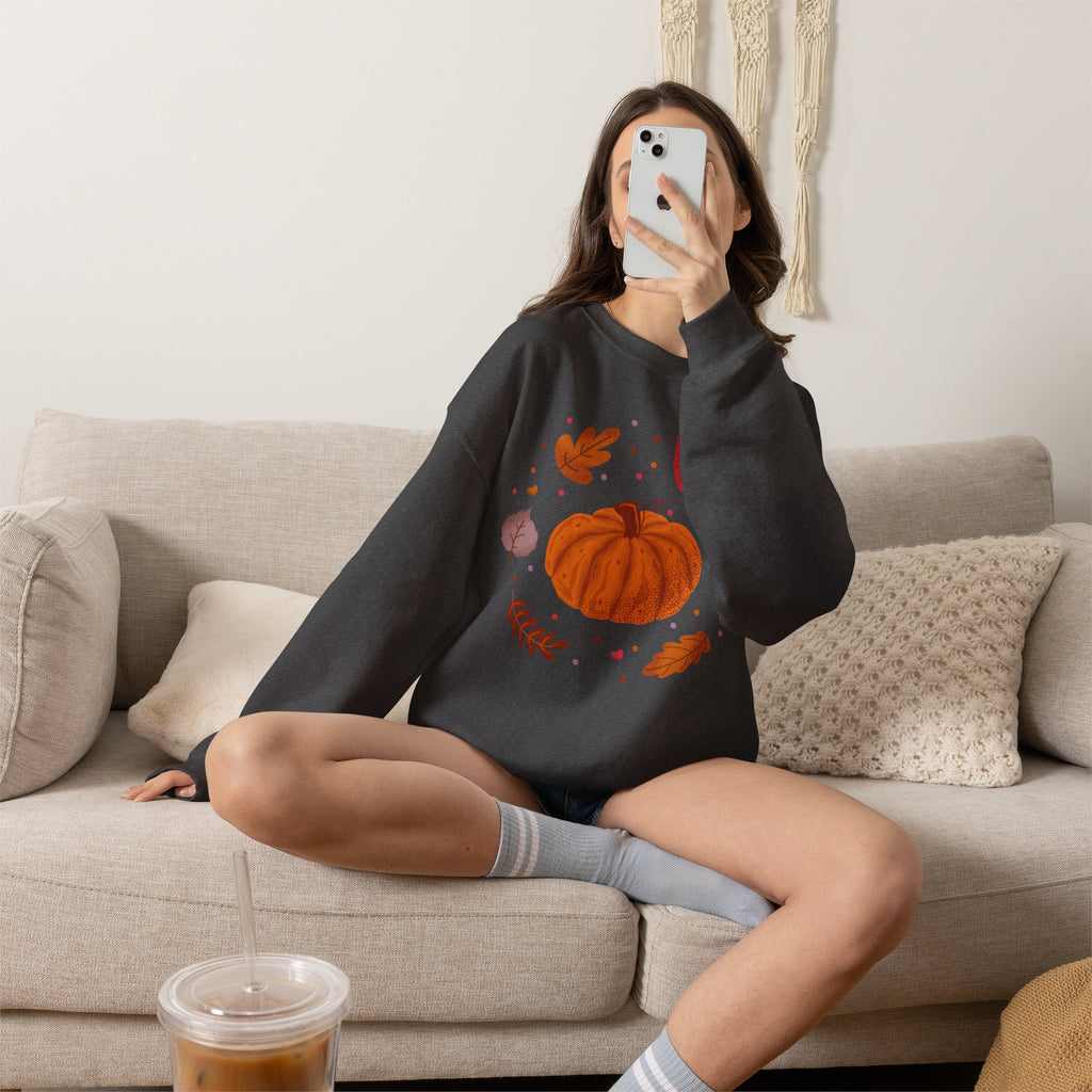 Autumn Pumpkin and Fall Leaves Graphic Sweatshirt - Cozy Seasonal Crewneck - Cute Halloween Shirt