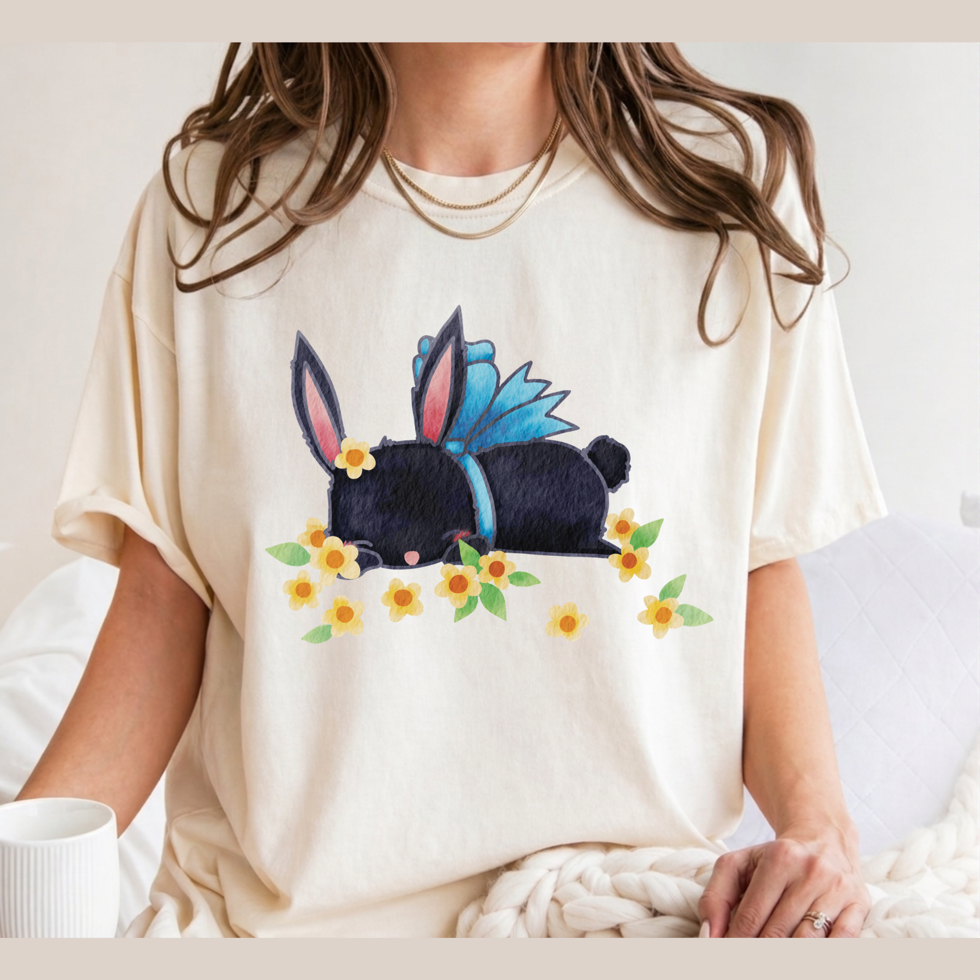 Bunny Bouquet T‑Shirt — Sleeping Black Bunny with Flowers
