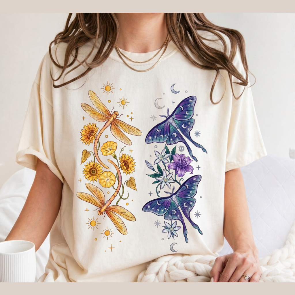 Botanical Moths T-Shirt — Golden Dragonflies & Midnight Moths Floral Tee