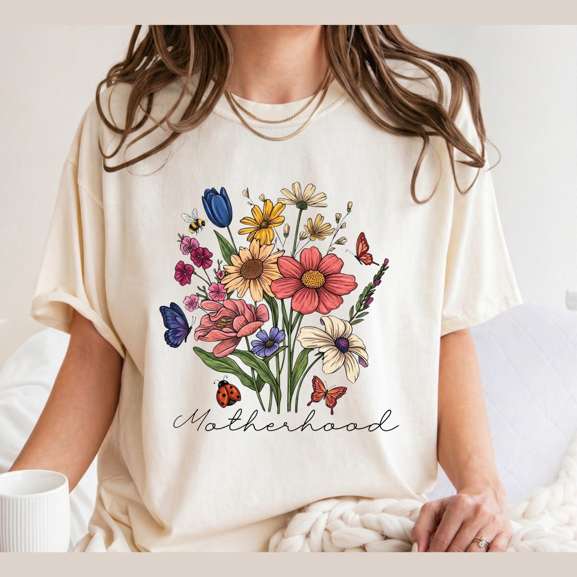 Floral Wildflower Bouquet T-Shirt — Motherhood Script