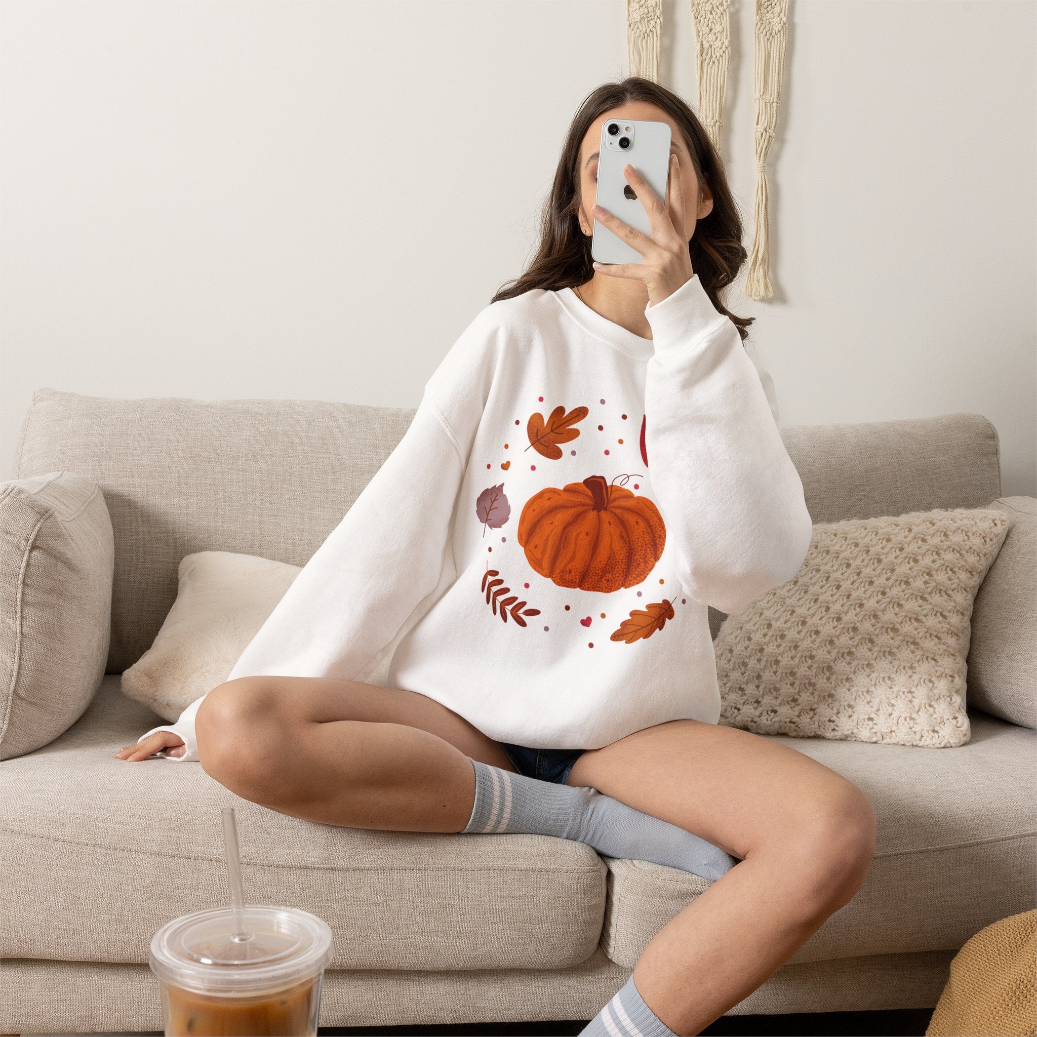 Autumn Pumpkin and Fall Leaves Graphic Sweatshirt - Cozy Seasonal Crewneck - Cute Halloween Shirt