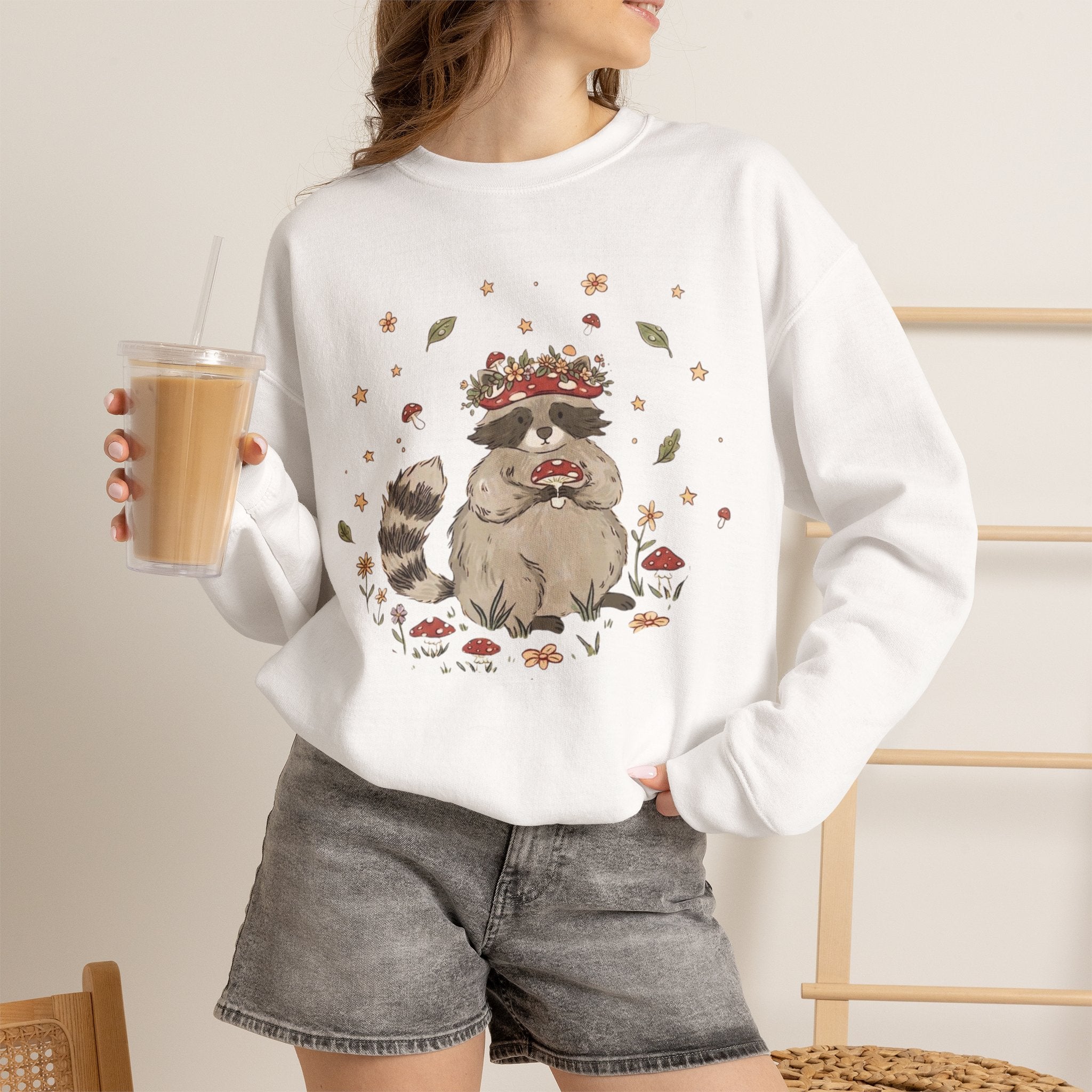 Cute Raccoon with Mushroom Crown Sweatshirt - Cottagecore Forest Animal Tee