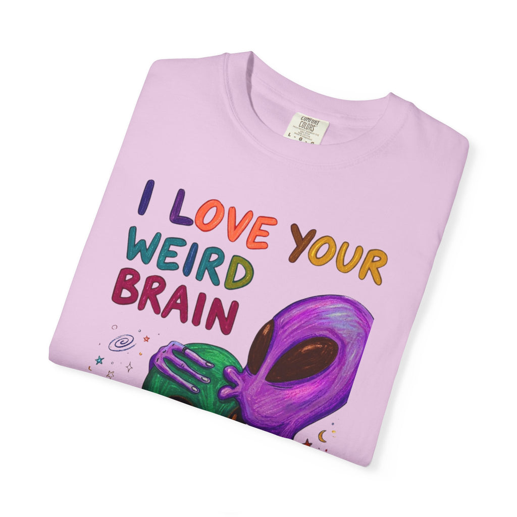 "I Love Your Weird Brain" Funny Alien Couple T-Shirt — Cute Retro Space Graphic Tee